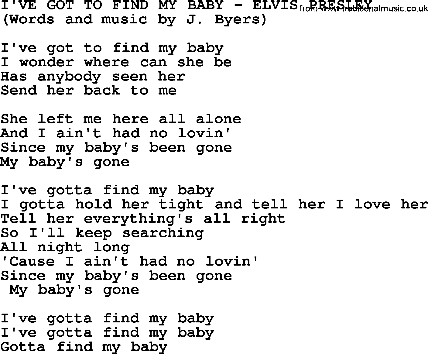 Elvis Presley song: I've Got To Find My Baby lyrics