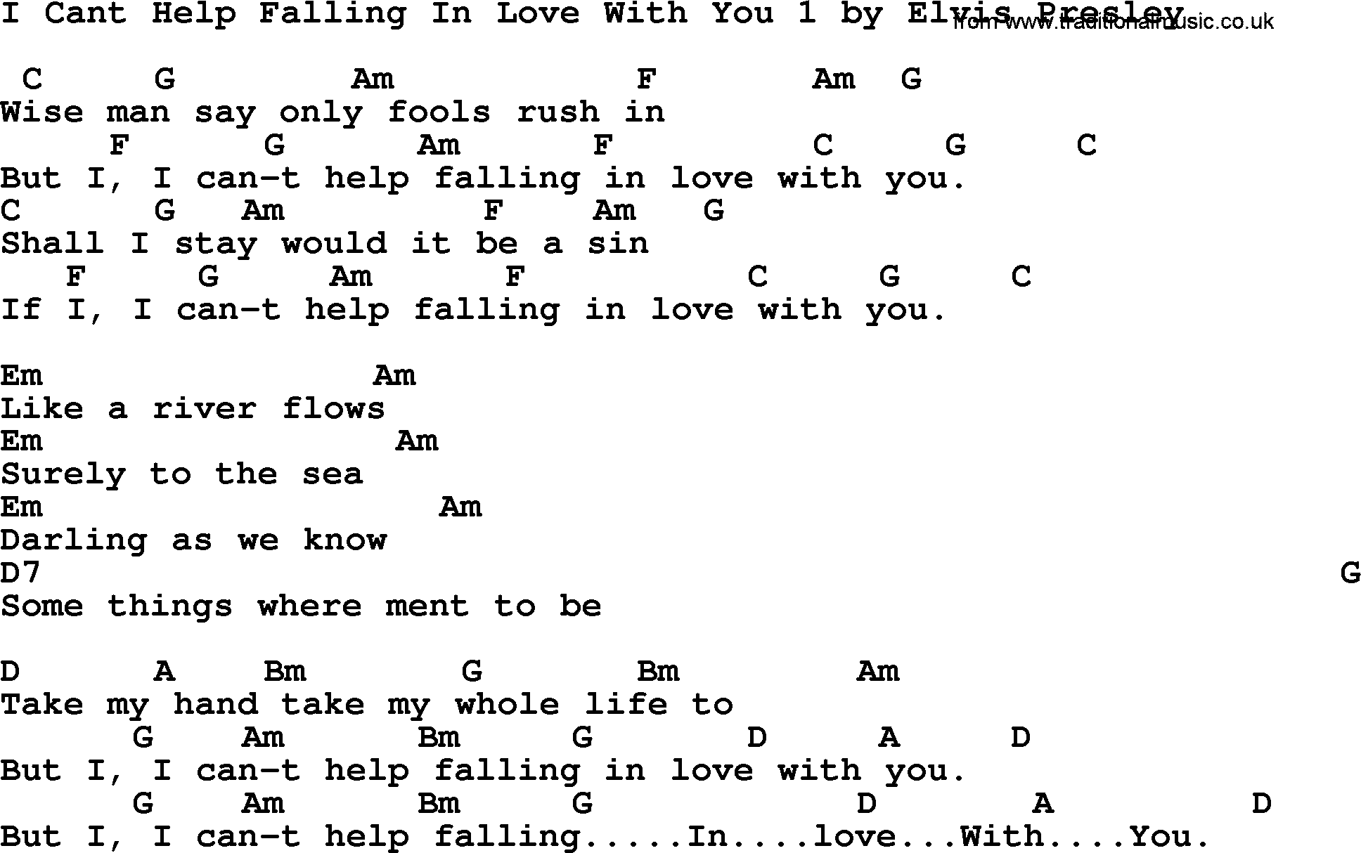 Elvis Presley song: I Cant Help Falling In Love With You 1, lyrics and chords