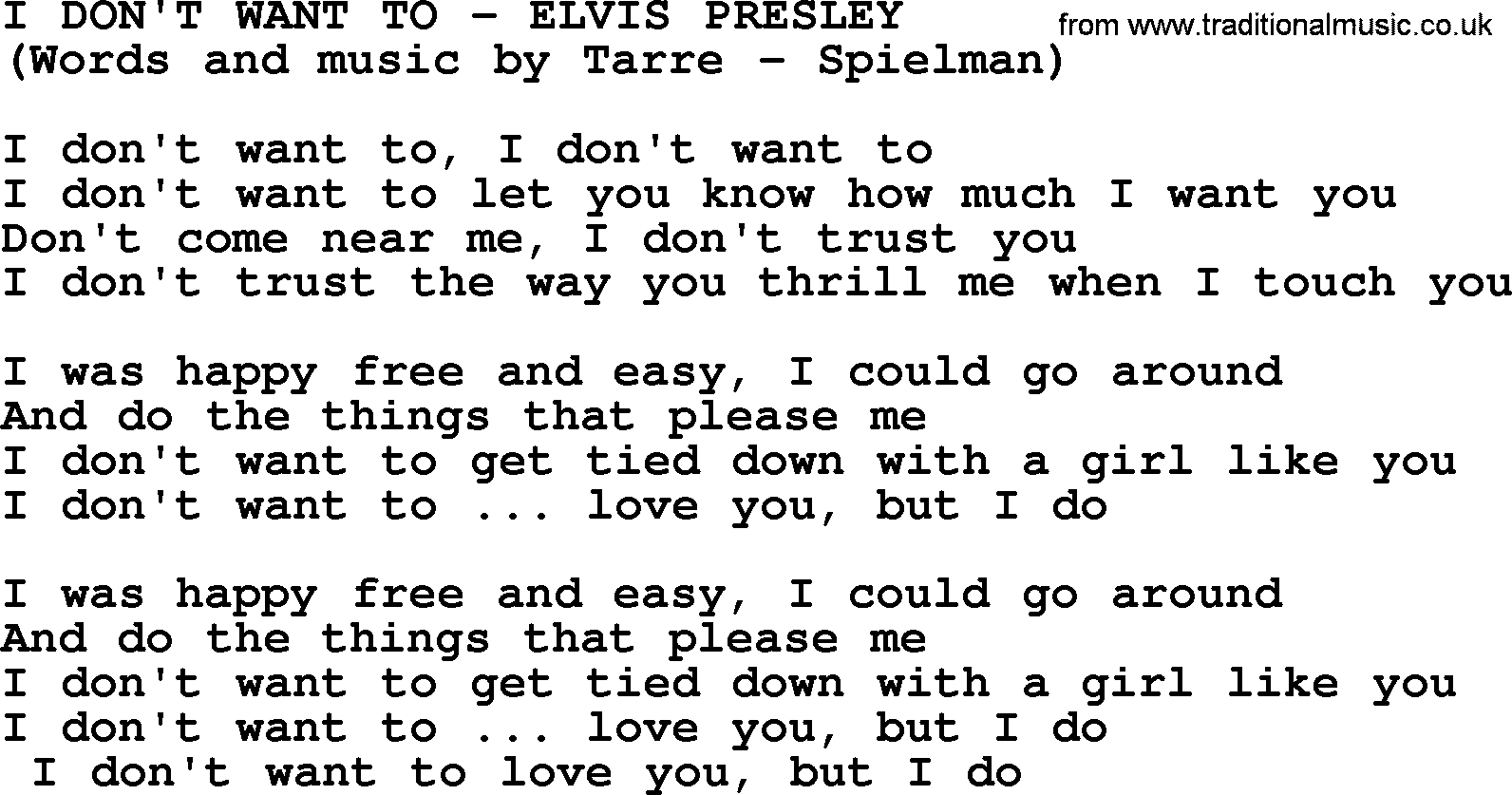 Elvis Presley song: I Don't Want To lyrics