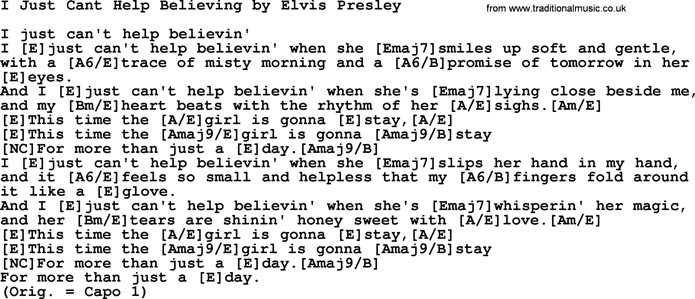 Elvis Presley song: I Just Cant Help Believing, lyrics and chords