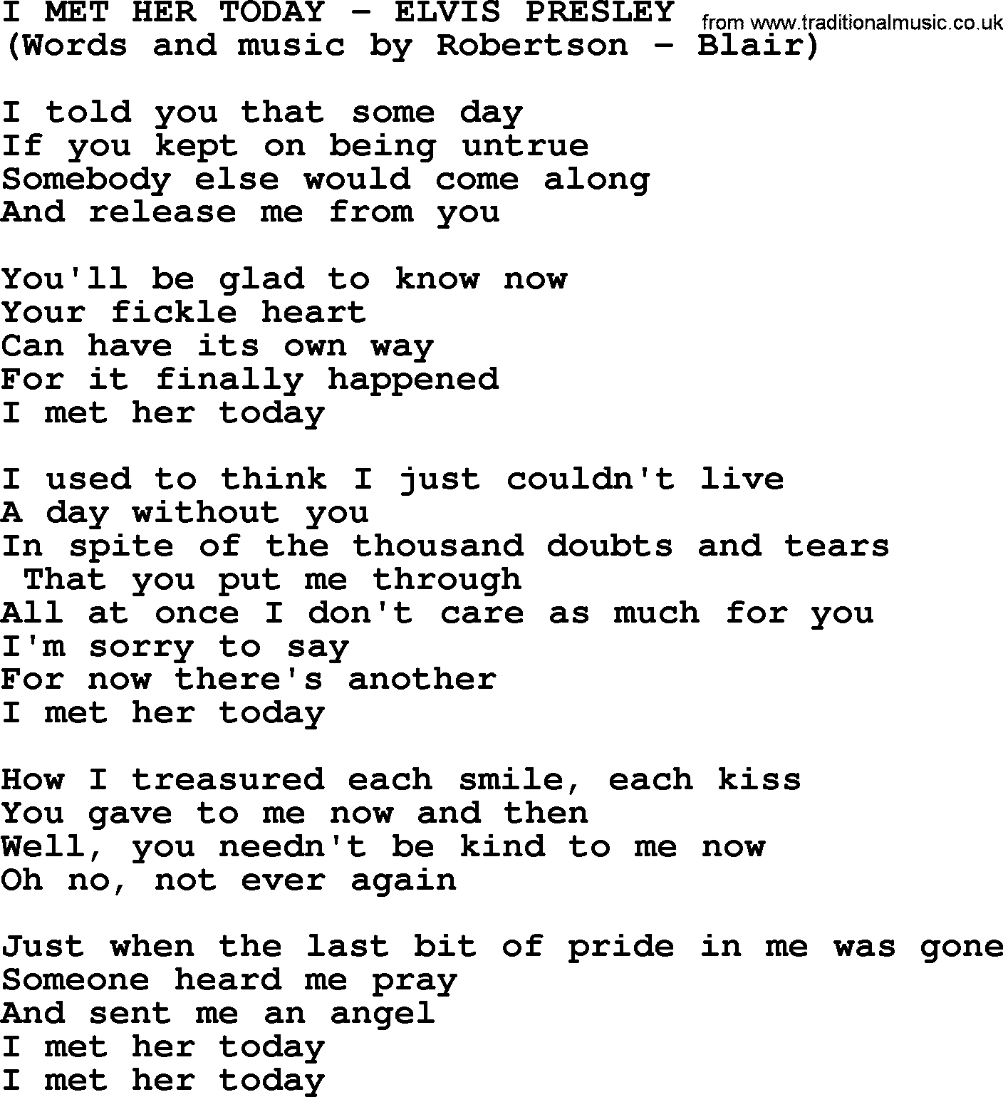 Elvis Presley song: I Met Her Today lyrics