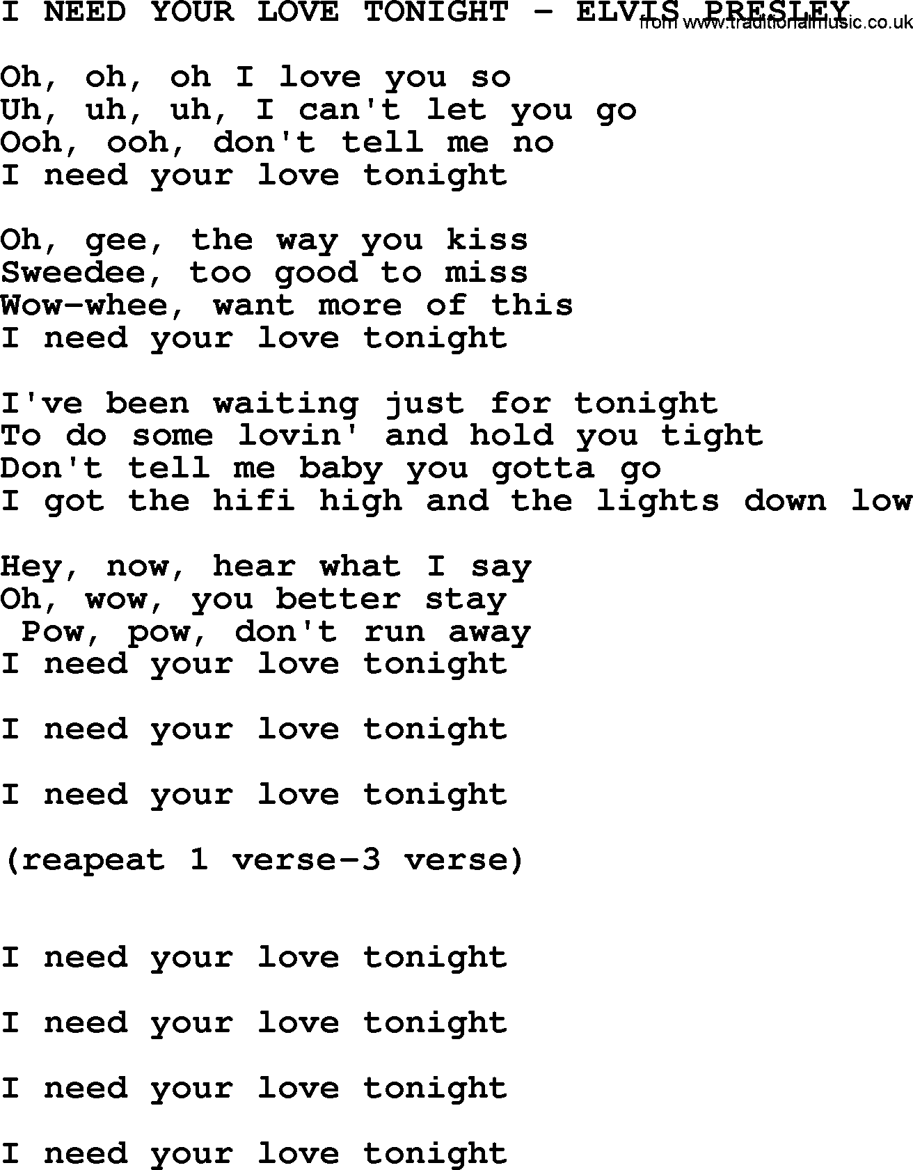 Elvis Presley song: I Need Your Love Tonight-Elvis Presley-.txt lyrics and chords