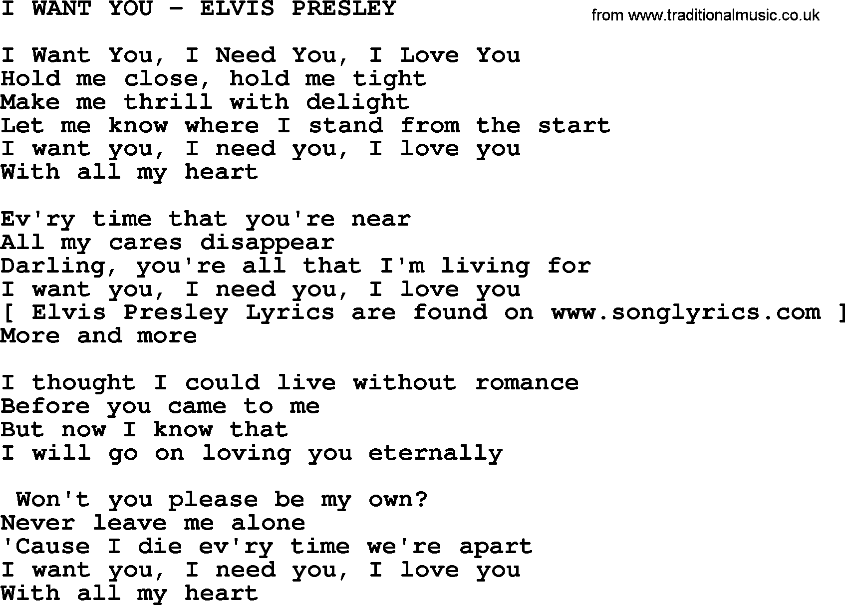 Elvis Presley song: I Want You-Elvis Presley-.txt lyrics and chords