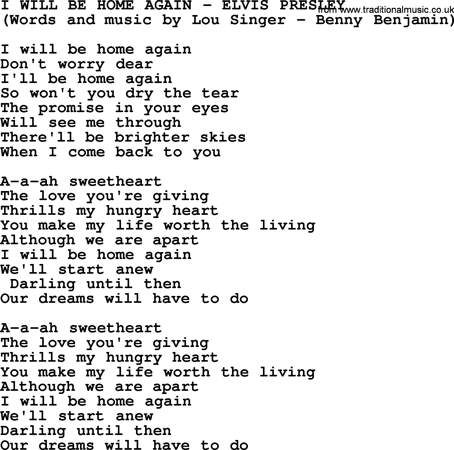 Elvis Presley song: I Will Be Home Again lyrics