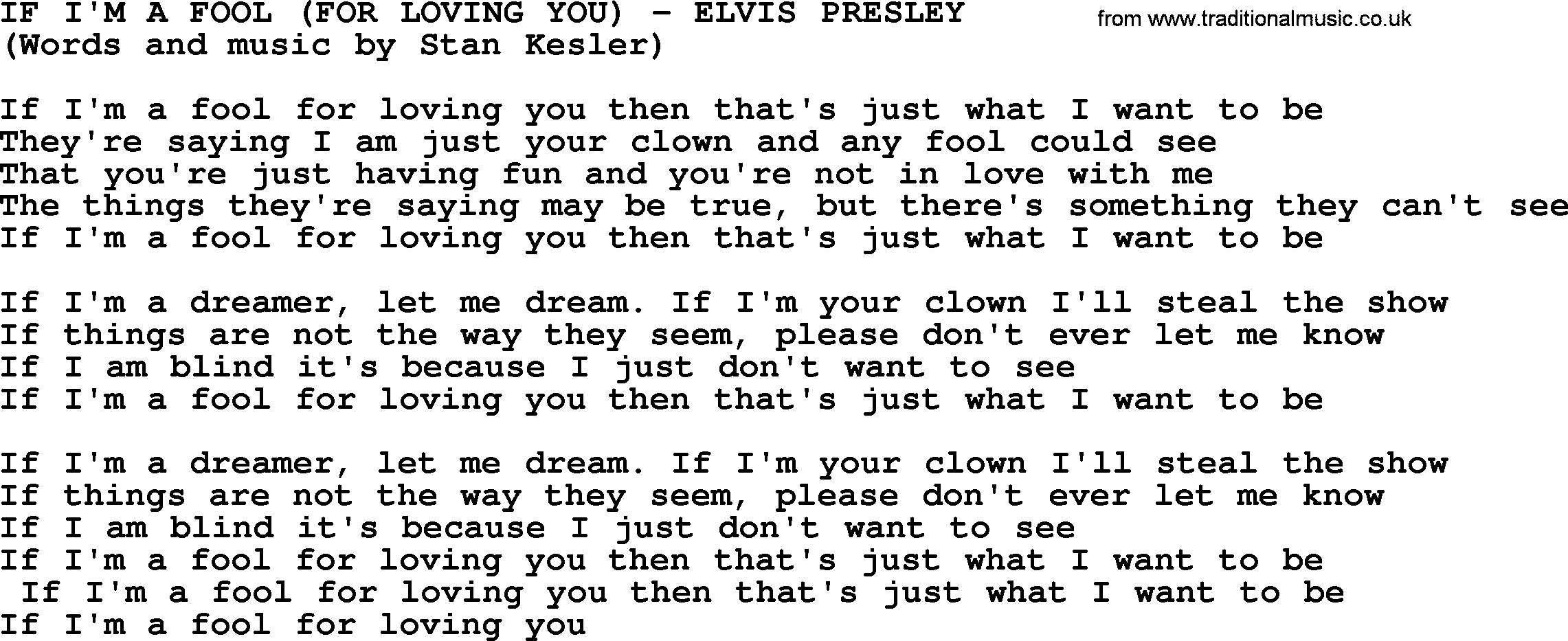 Elvis Presley song: If I'm A Fool (For Loving You) lyrics