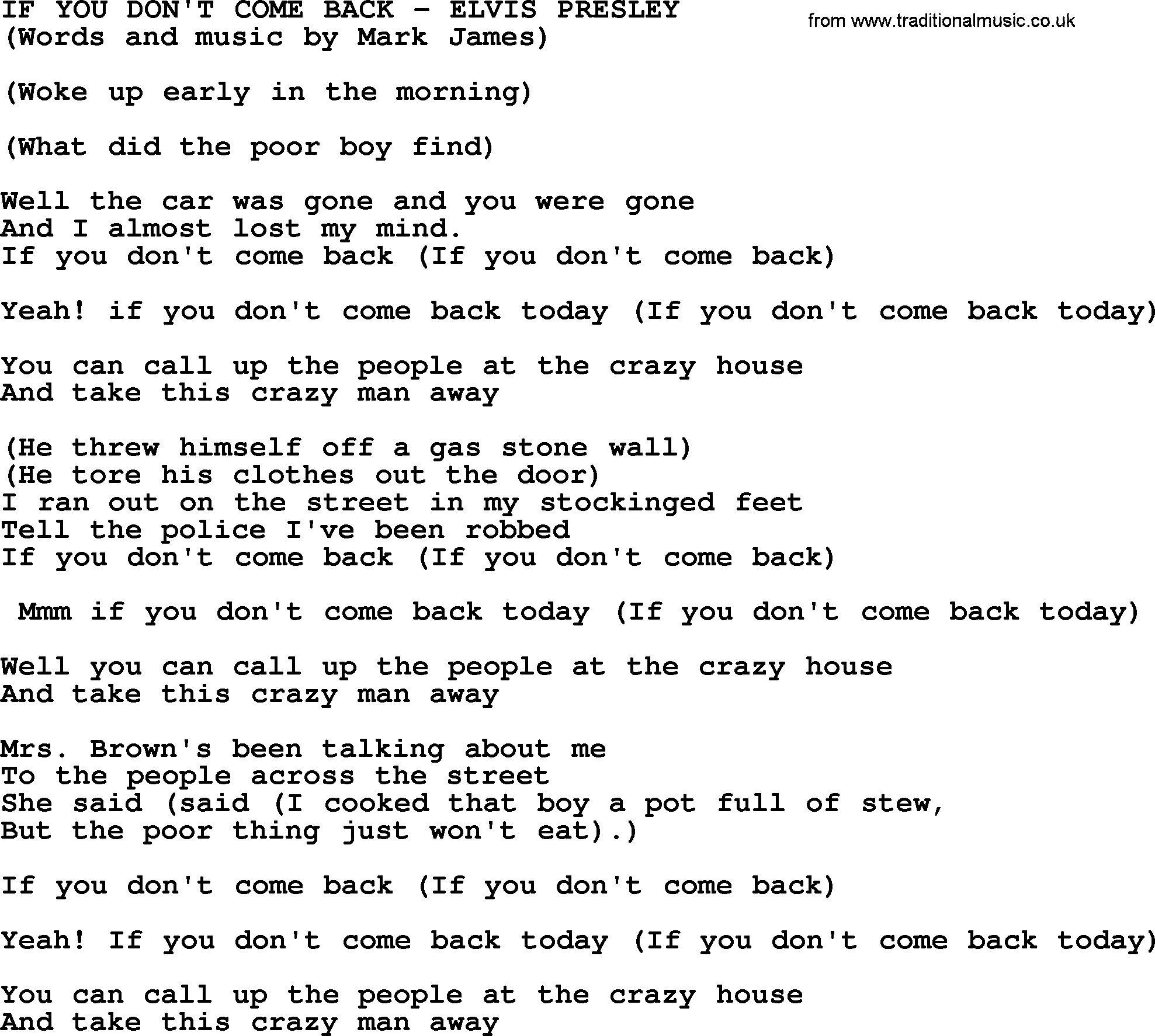 Elvis Presley song: If You Don't Come Back lyrics