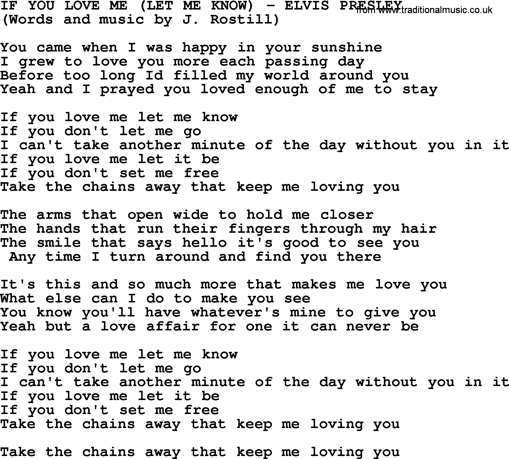 Elvis Presley song: If You Love Me (Let Me Know) lyrics