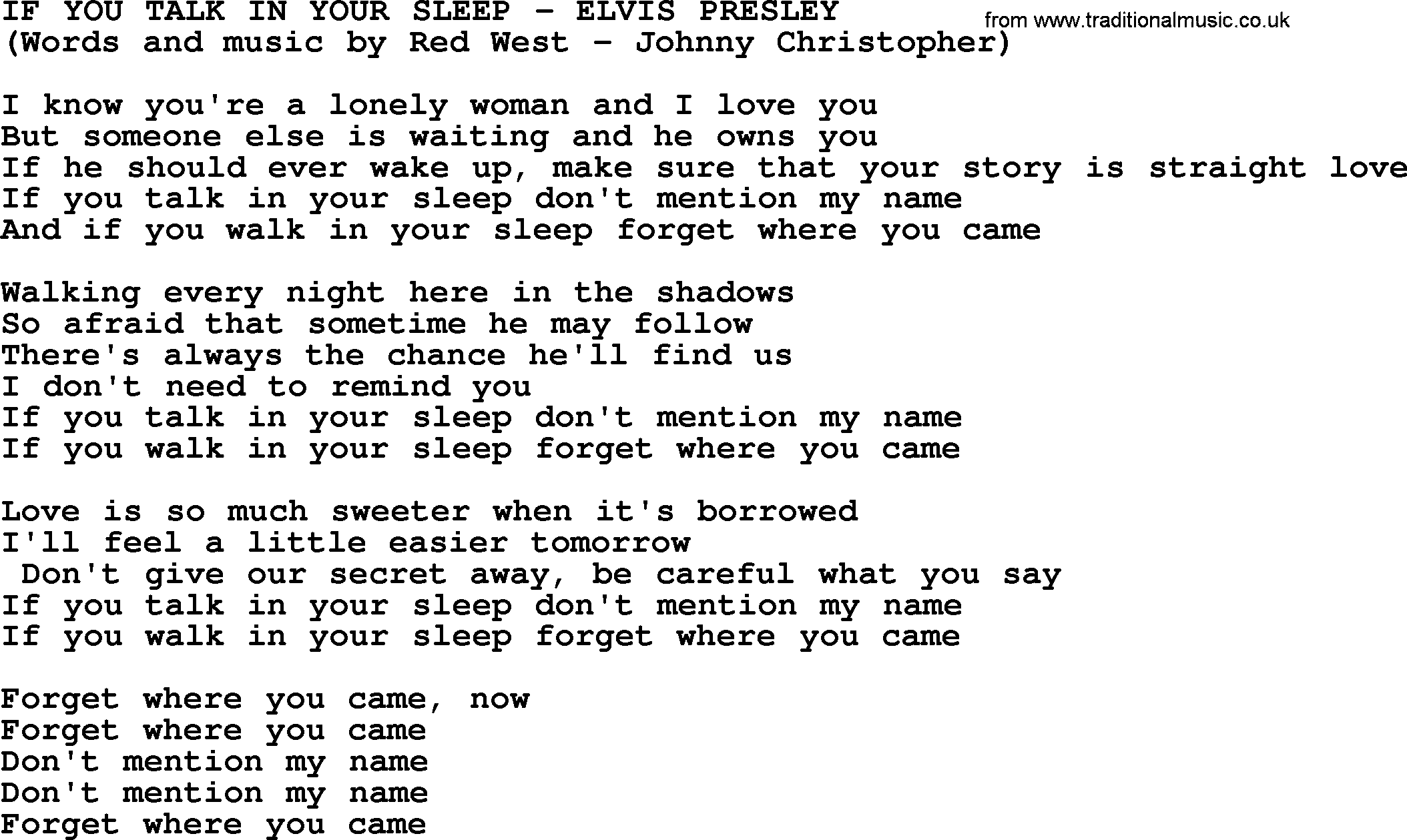 Elvis Presley song: If You Talk In Your Sleep lyrics