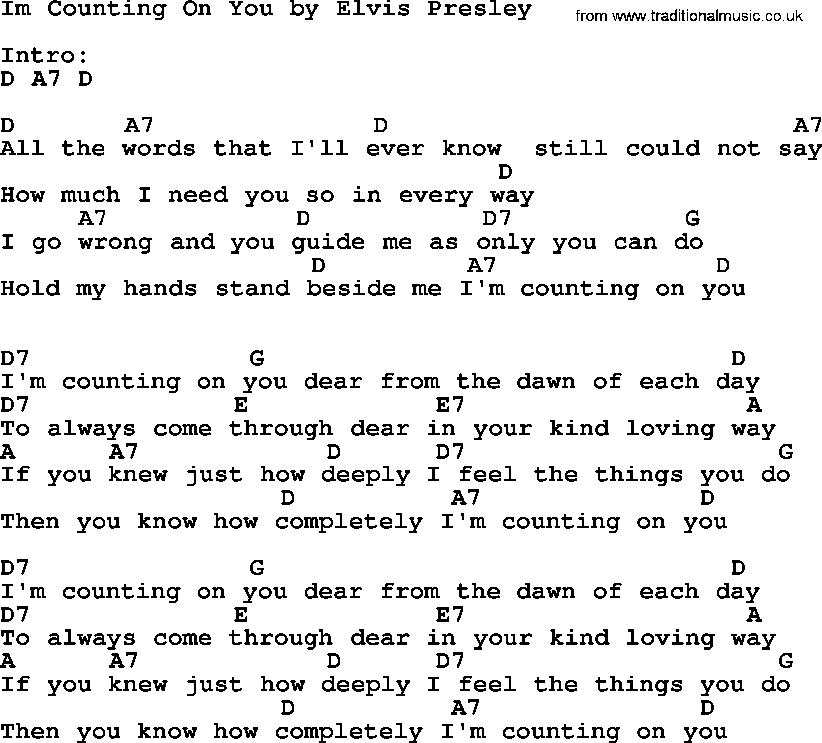 Elvis Presley song: Im Counting On You, lyrics and chords