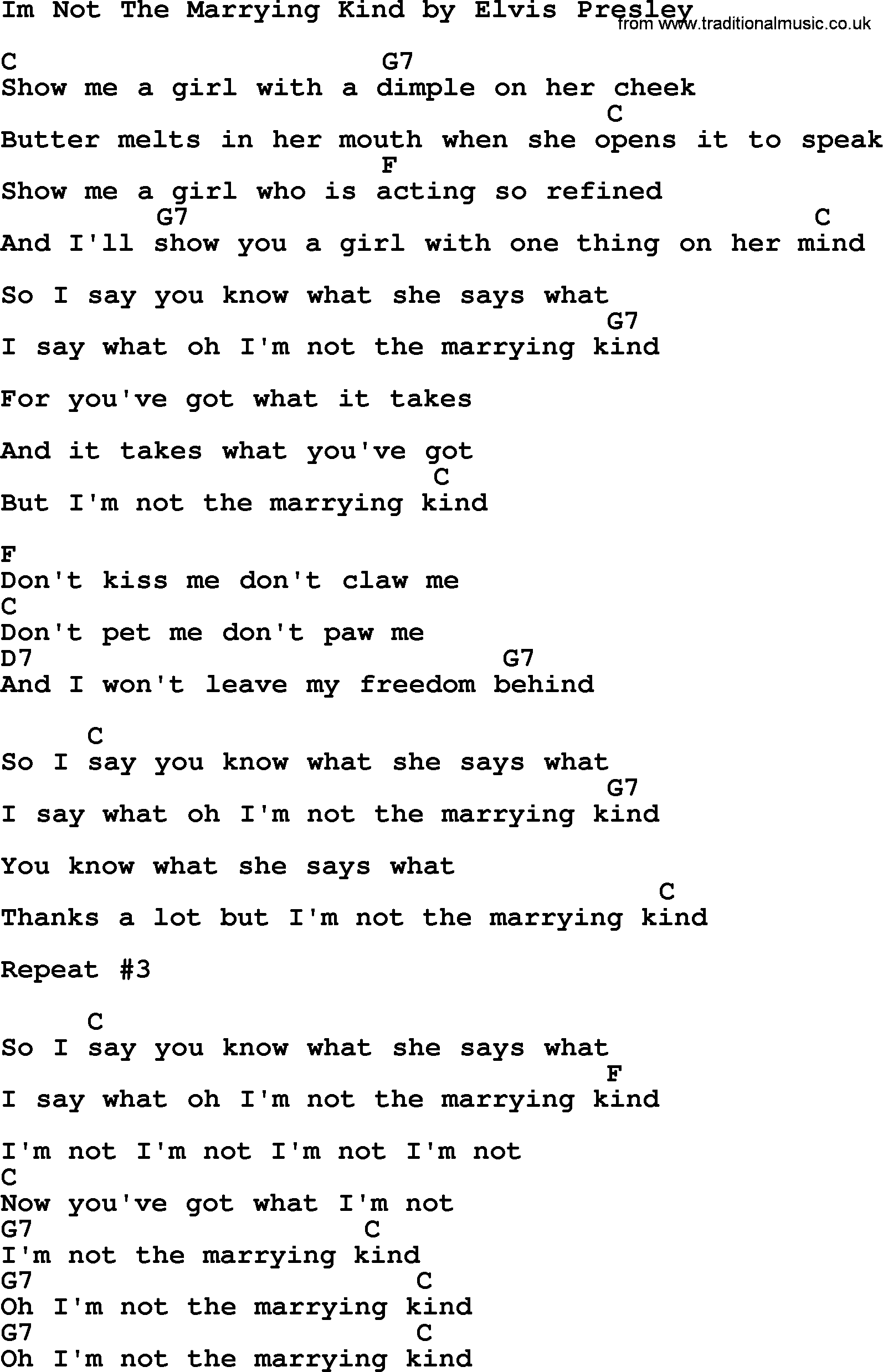 Elvis Presley song: Im Not The Marrying Kind, lyrics and chords