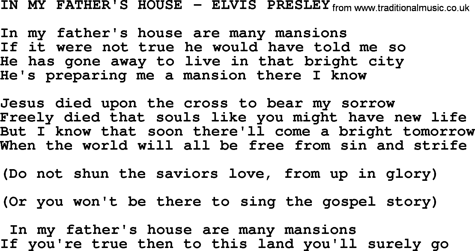 Elvis Presley song: In My Father's House-Elvis Presley-.txt lyrics and chords