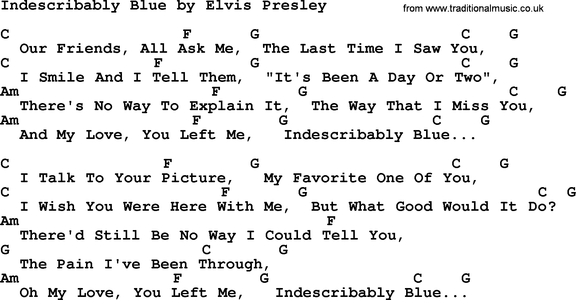Elvis Presley song: Indescribably Blue, lyrics and chords