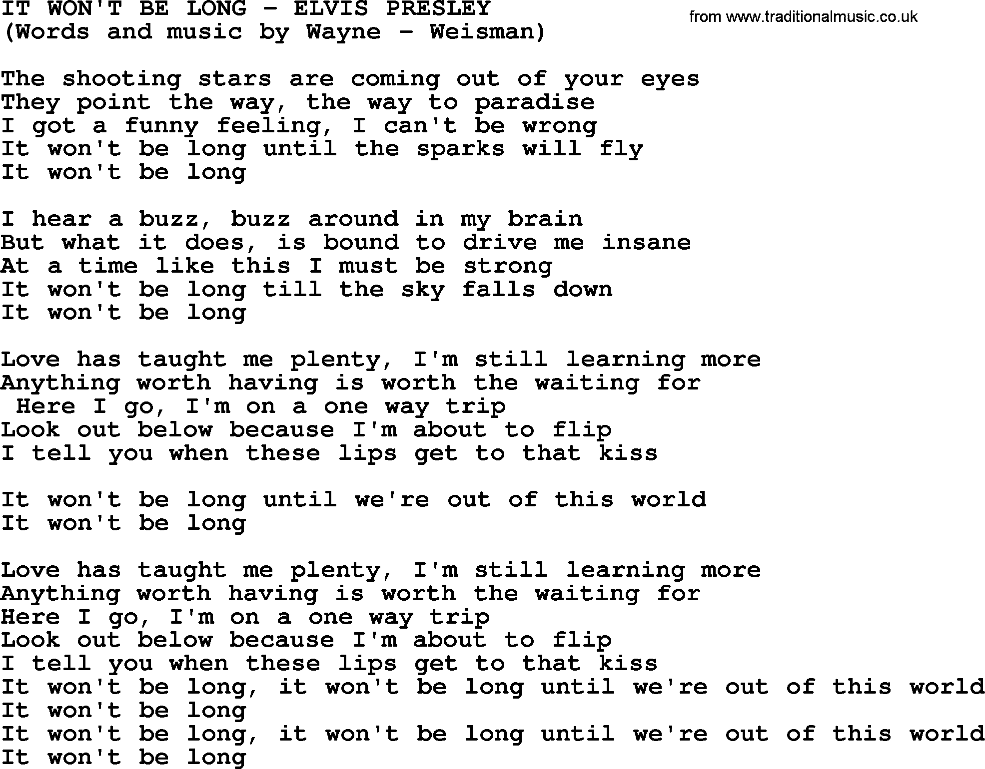 Elvis Presley song: It Won't Be Long lyrics