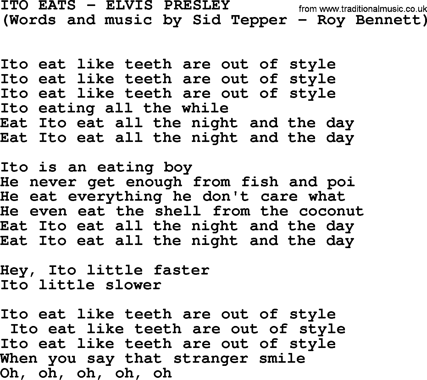 Elvis Presley song: Ito Eats lyrics