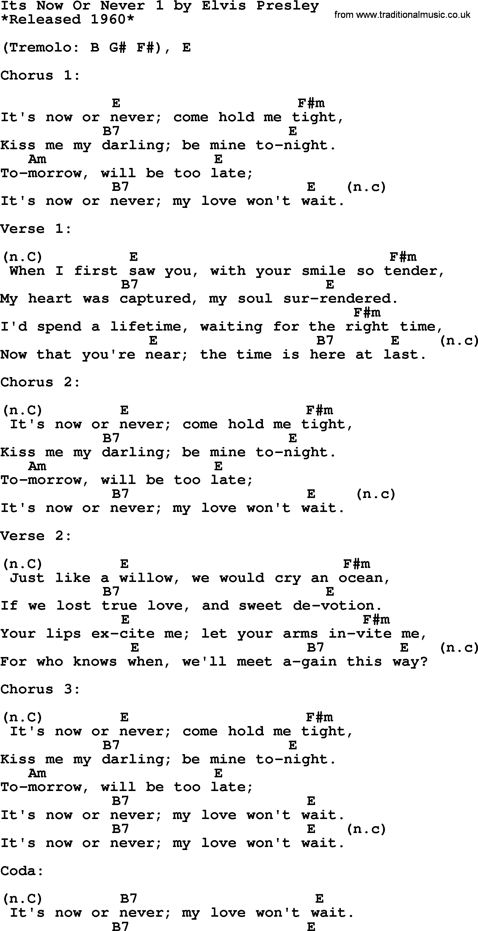 Elvis Presley song: Its Now Or Never 1, lyrics and chords