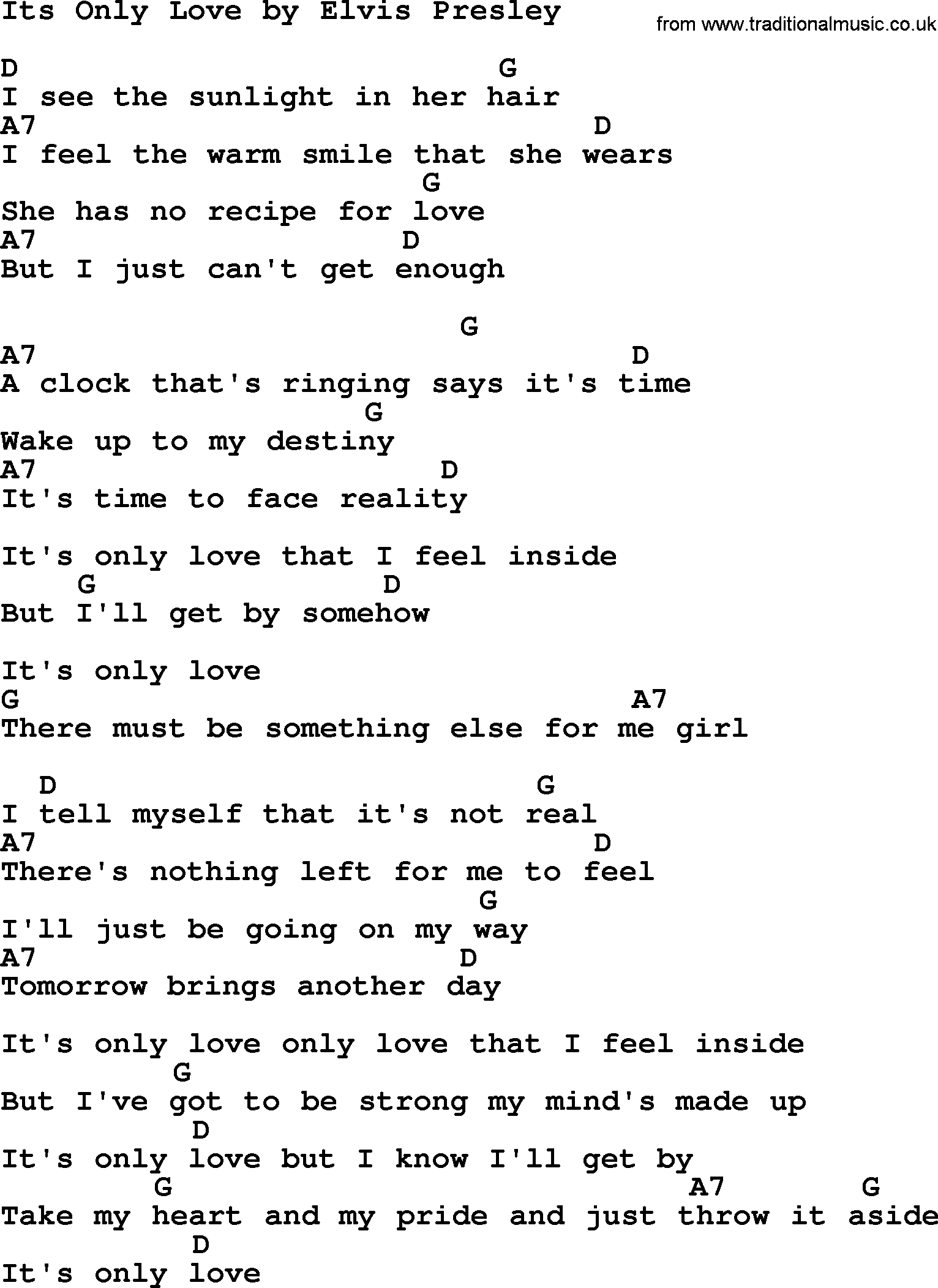 Elvis Presley song: Its Only Love, lyrics and chords