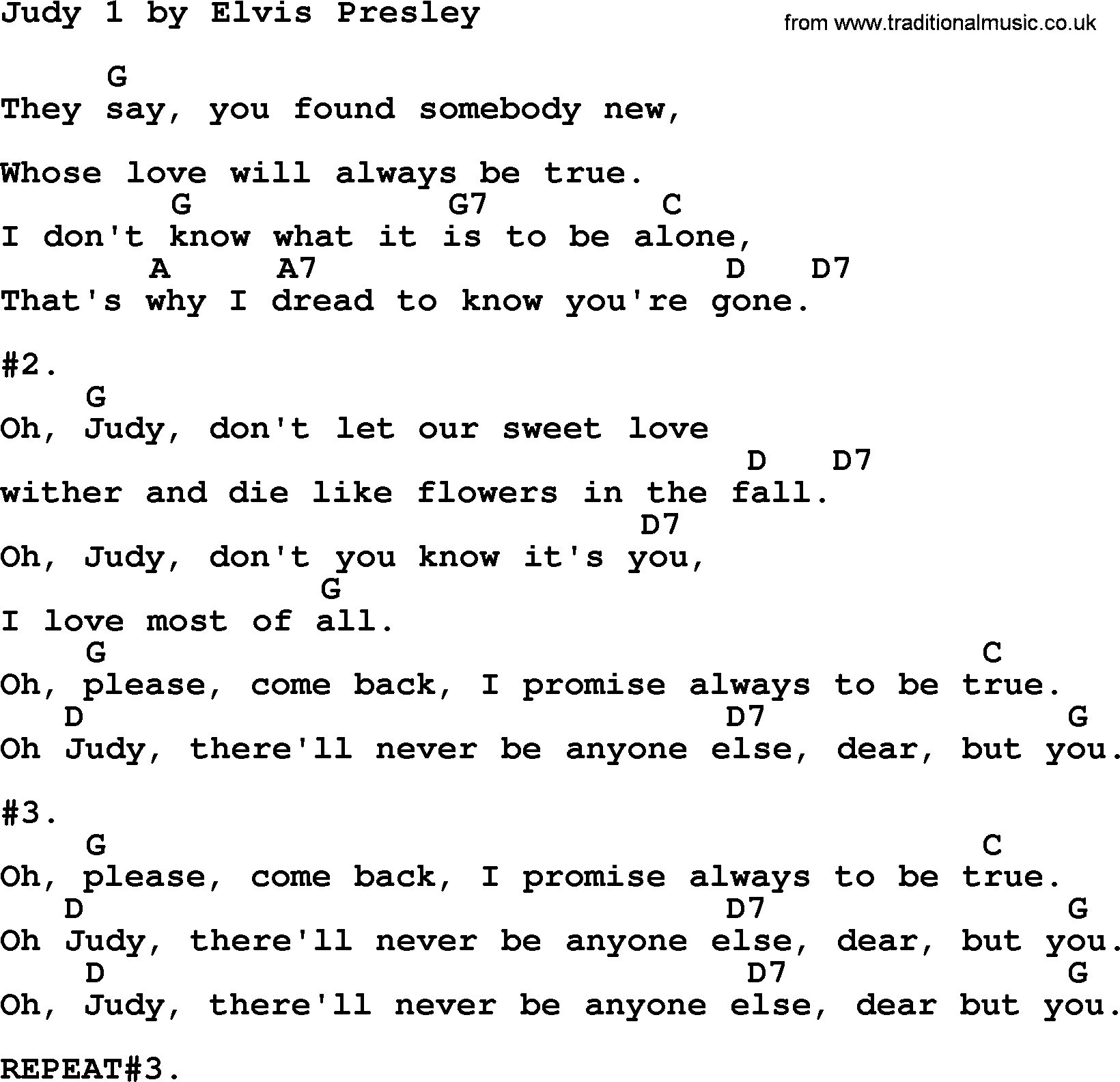 Elvis Presley song: Judy, lyrics and chords