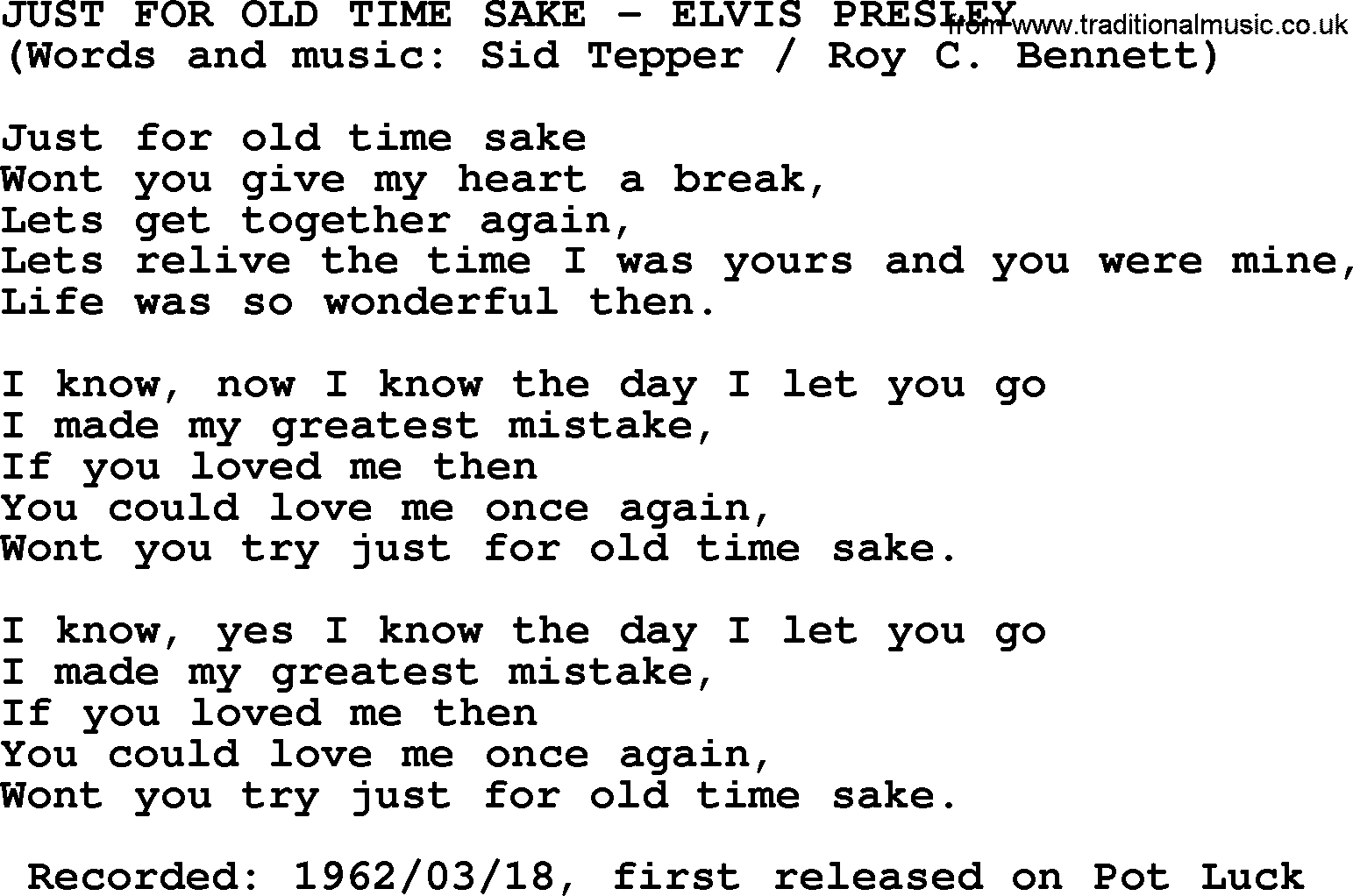 Elvis Presley song: Just For Old Time Sake lyrics
