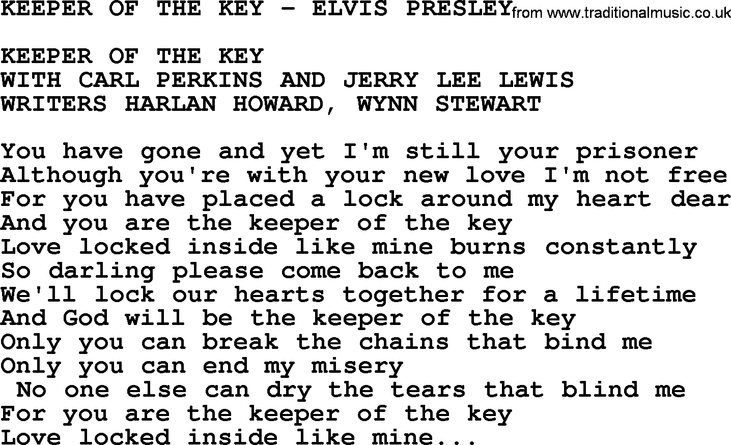 Elvis Presley song: Keeper Of The Key-Elvis Presley-.txt lyrics and chords