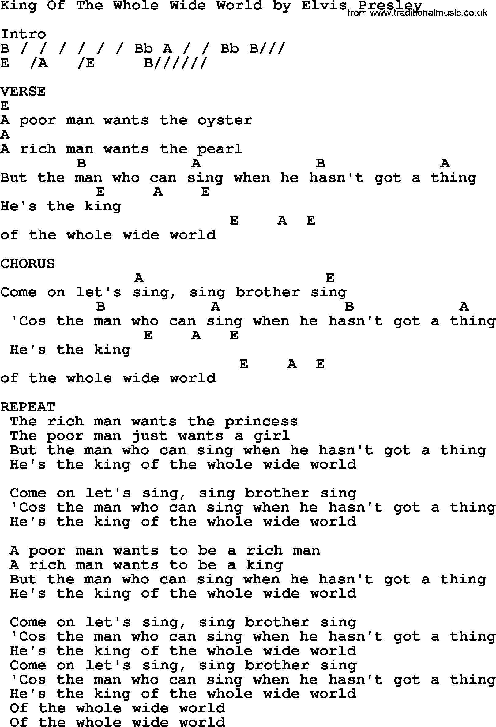 Elvis Presley song: King Of The Whole Wide World, lyrics and chords