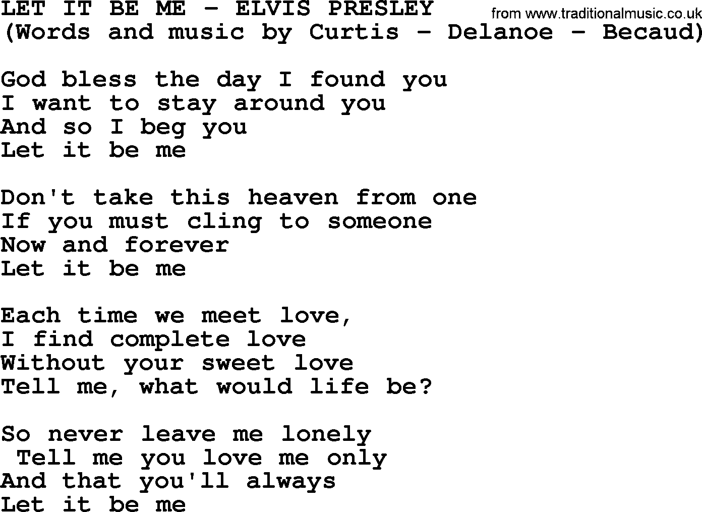Let It Be Me by Elvis Presley - lyrics