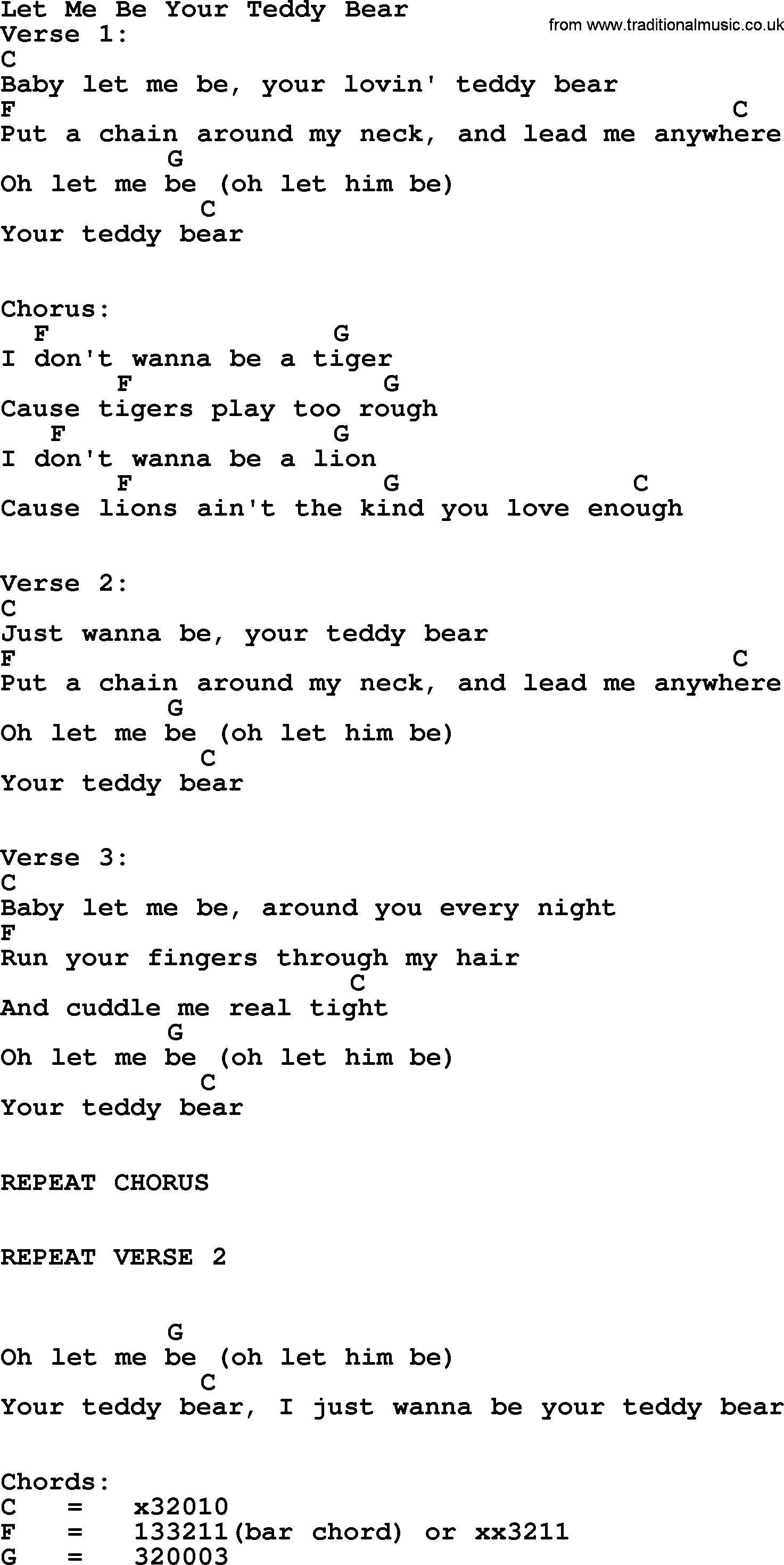 Elvis Presley song: Let Me Be Your Teddy Bear, lyrics and chords