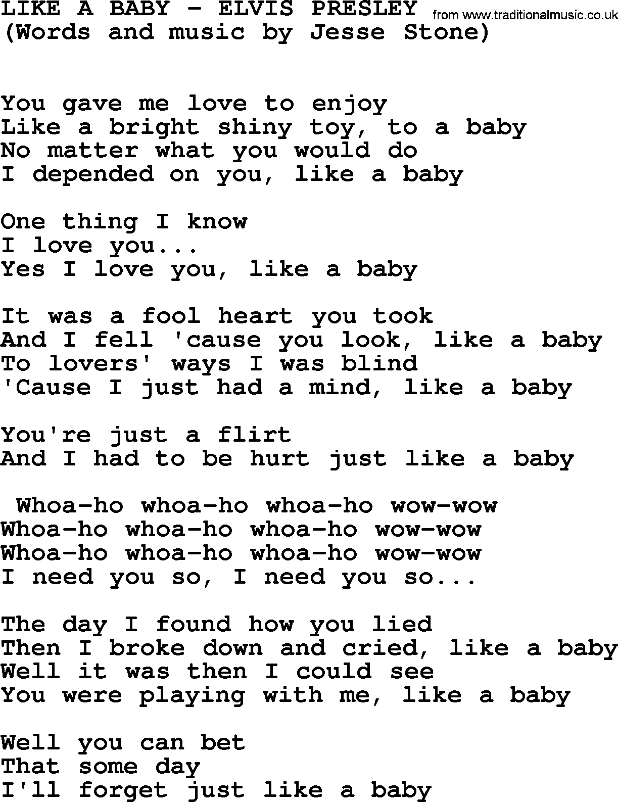 Elvis Presley song: Like A Baby lyrics