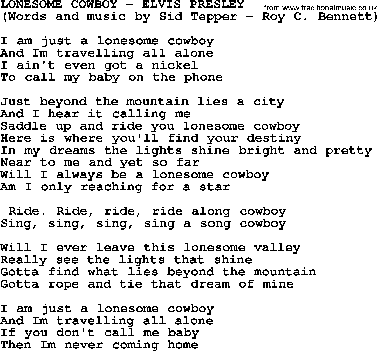 Elvis Presley song: Lonesome Cowboy lyrics