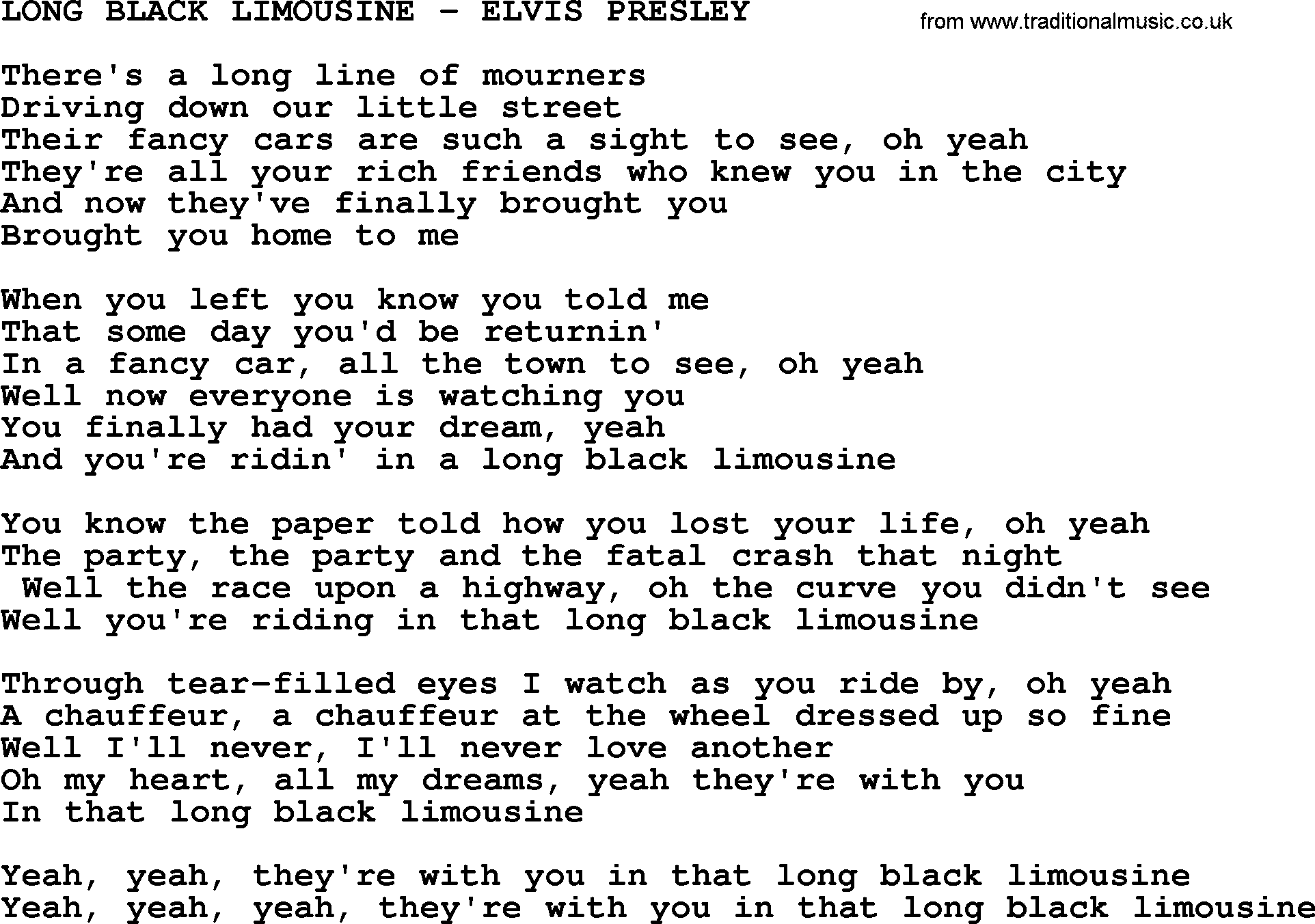 Elvis Presley song: Long Black Limousine-Elvis Presley-.txt lyrics and chords