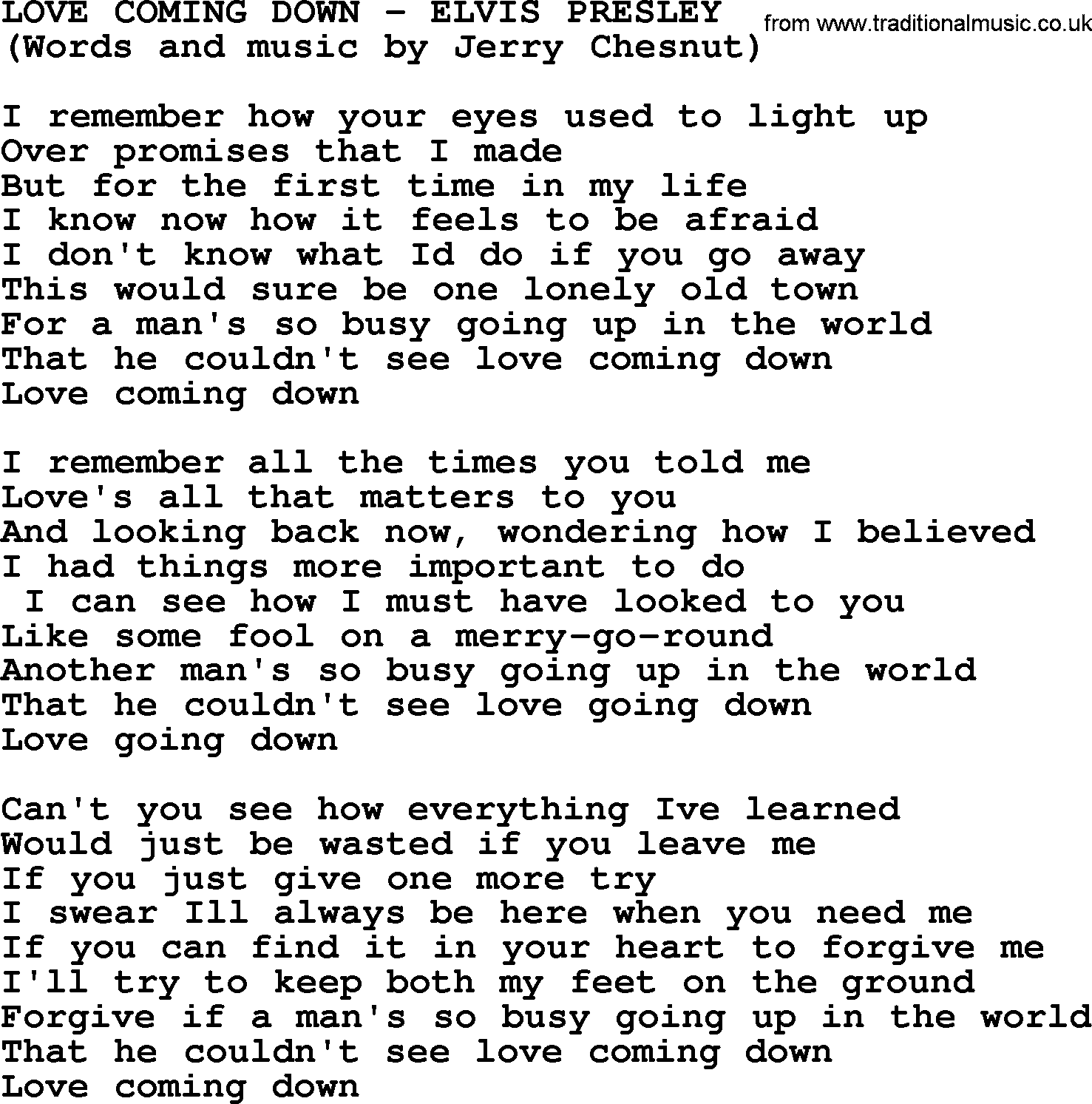 Elvis Presley song: Love Coming Down lyrics
