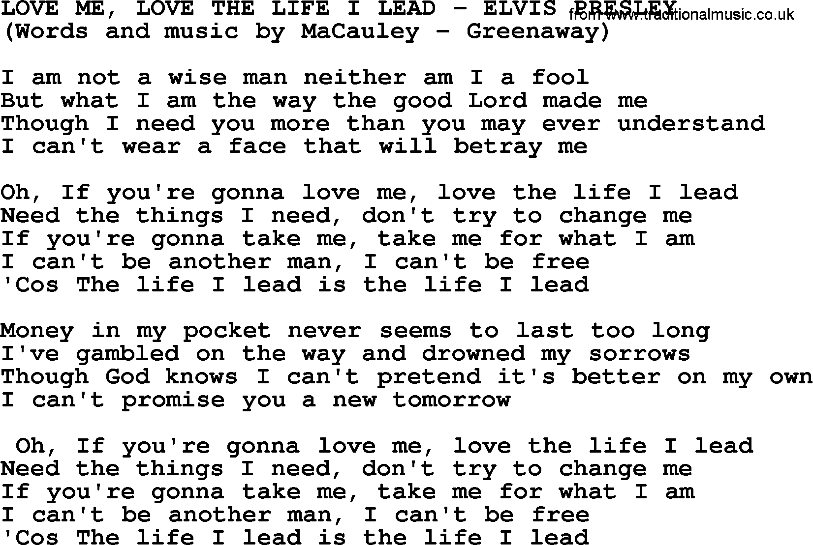 Elvis Presley song: Love Me, Love The Life I Lead lyrics