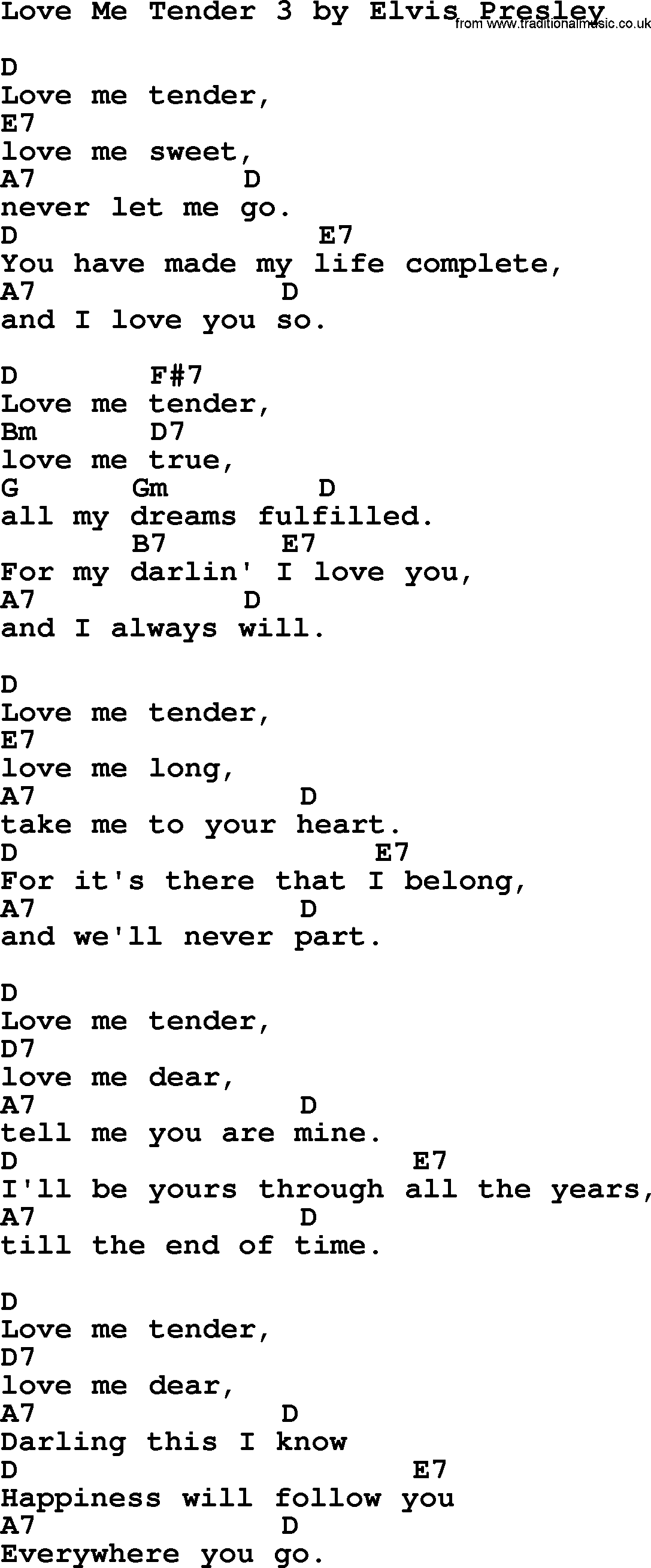 Elvis Presley song: Love Me Tender 3, lyrics and chords