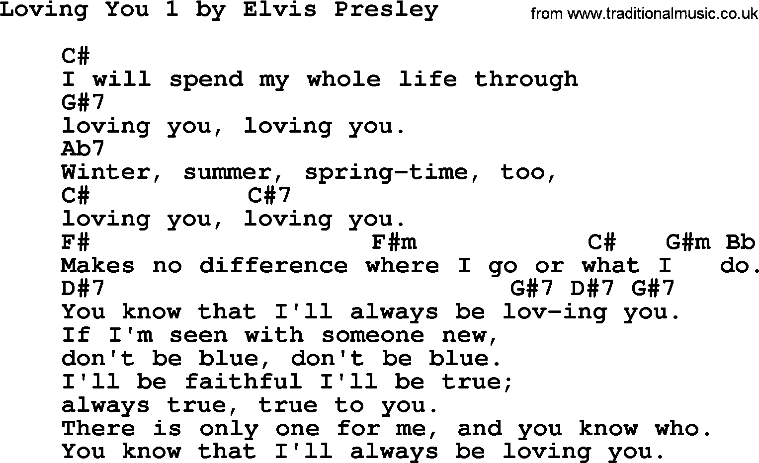 Elvis Presley song: Loving You 1, lyrics and chords