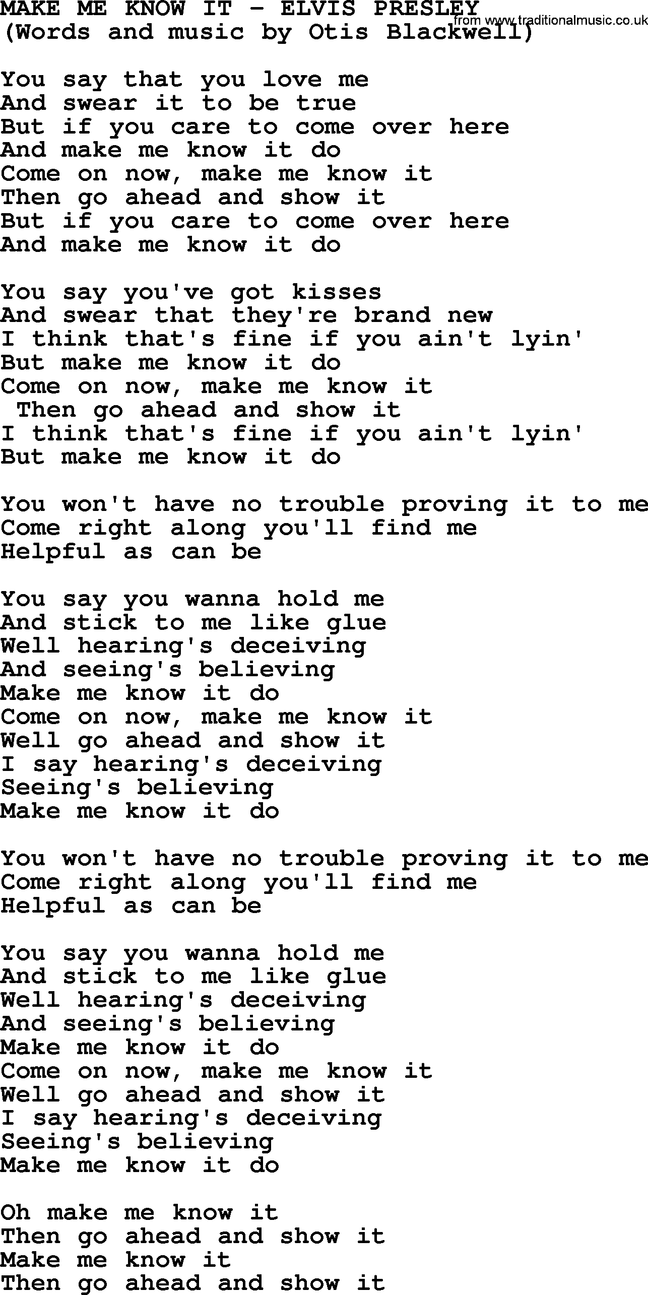 Elvis Presley song: Make Me Know It lyrics