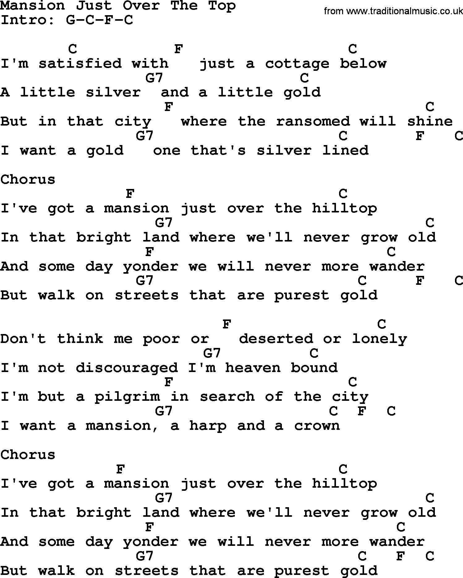 Elvis Presley song: Mansion Just Over The Top, lyrics and chords