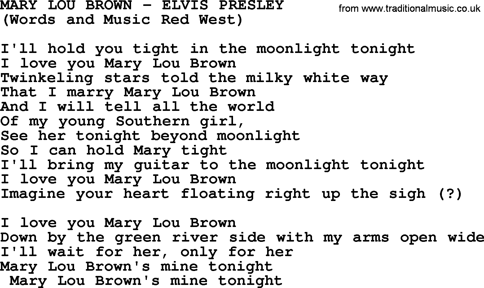 Elvis Presley song: Mary Lou Brown lyrics