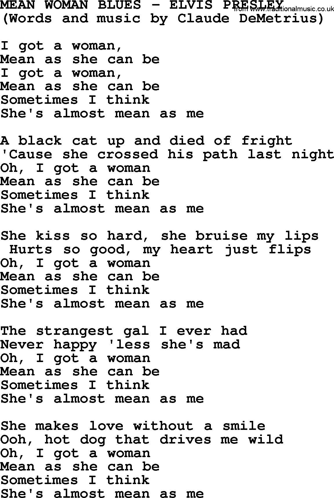 Elvis Presley song: Mean Woman Blues lyrics