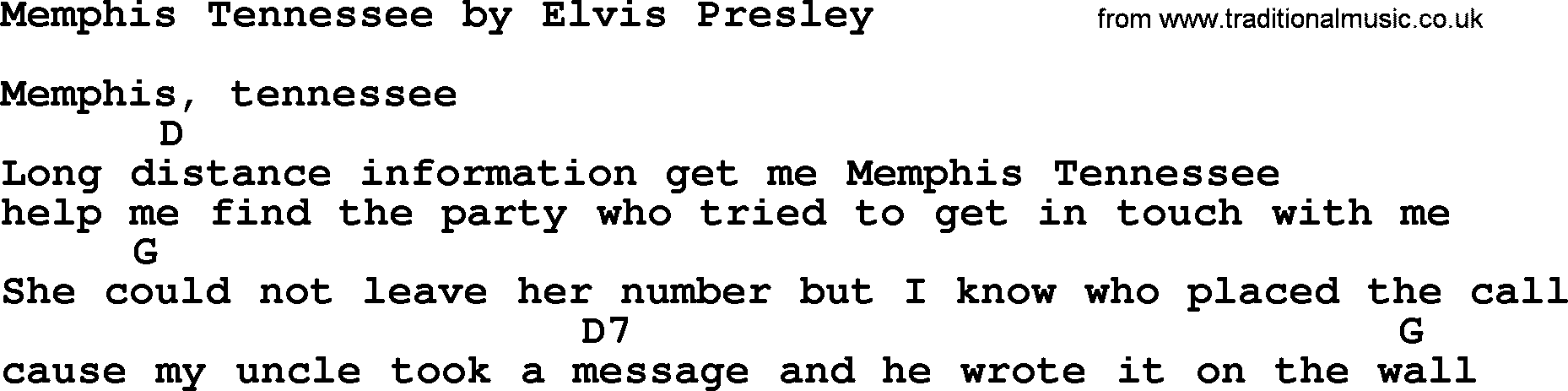 Elvis Presley song: Memphis Tennessee, lyrics and chords