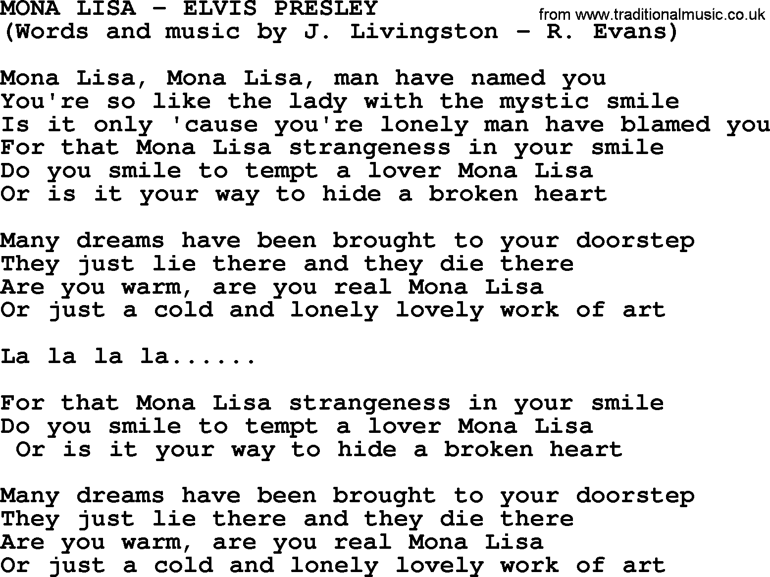 Elvis Presley song: Mona Lisa lyrics