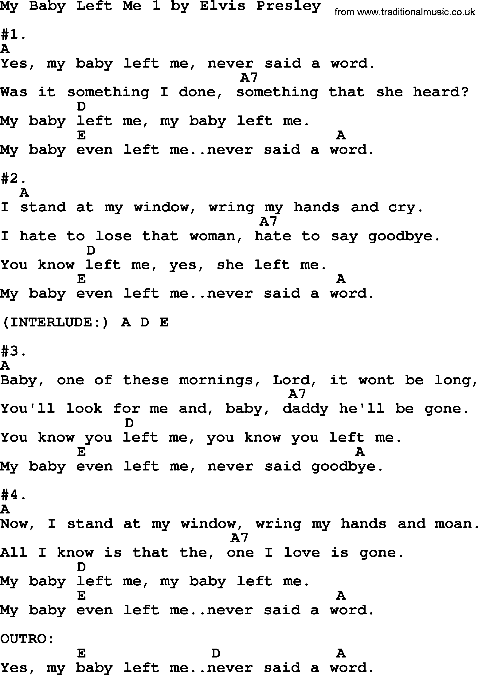 My Baby Left Me 1, by Elvis Presley - lyrics and chords