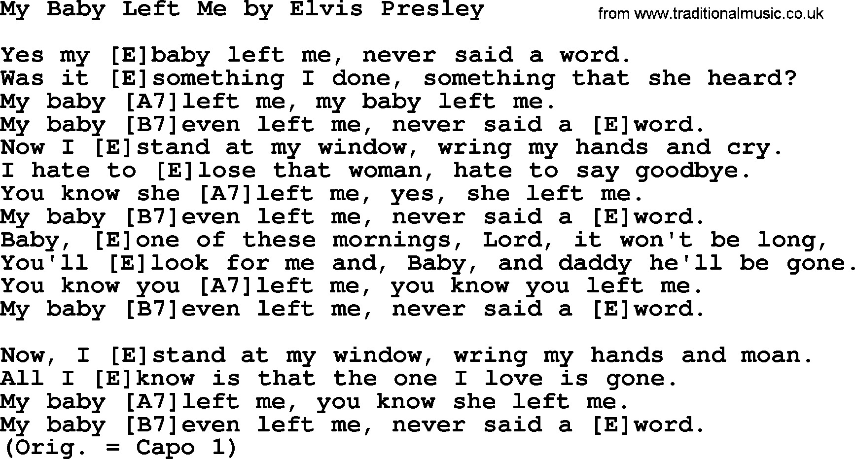 Elvis Presley song: My Baby Left Me, lyrics and chords