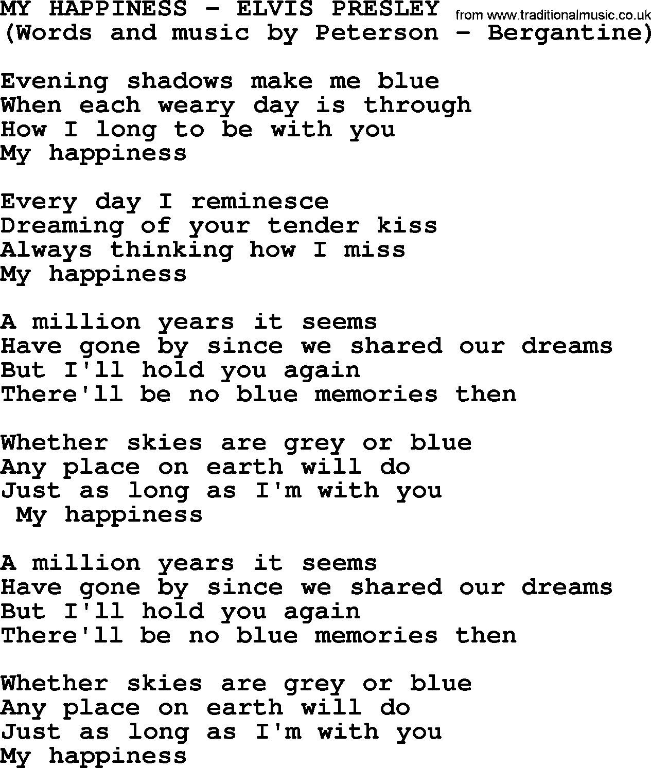Elvis Presley song: My Happiness lyrics