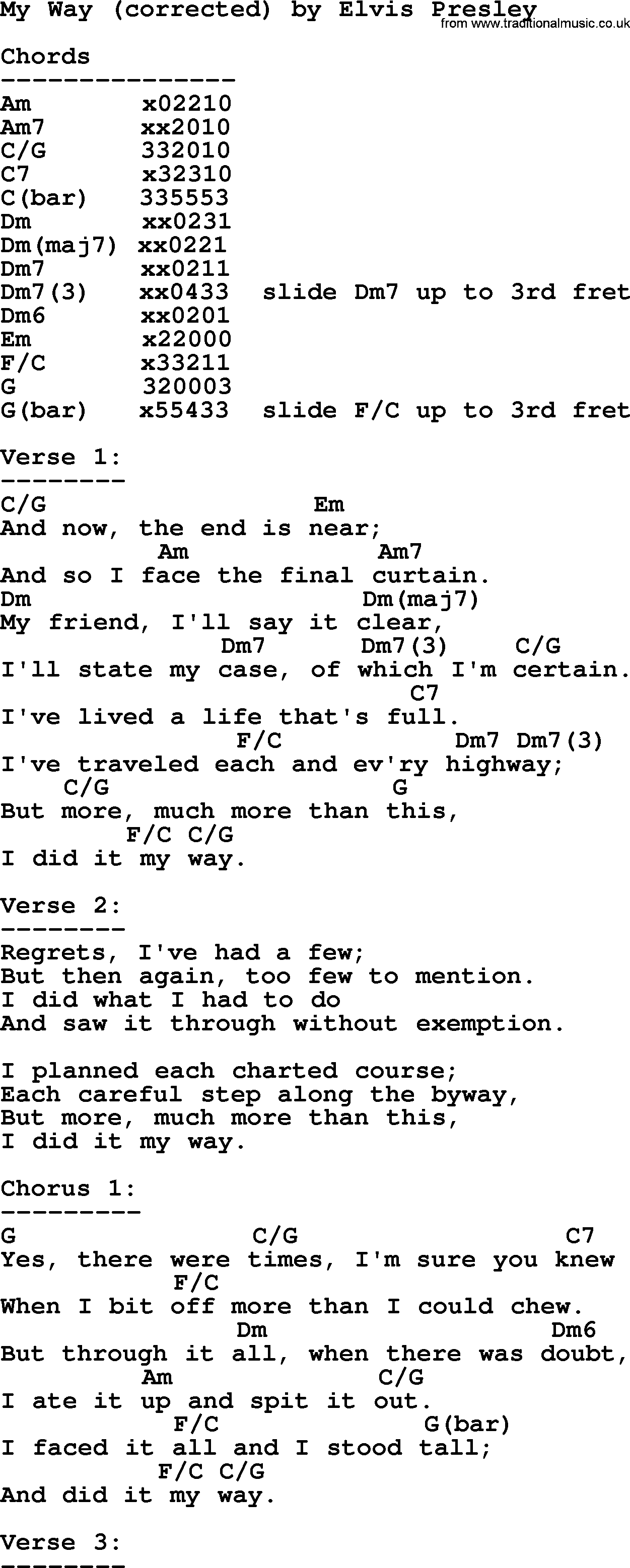Elvis Presley song: My Way (corrected), lyrics and chords