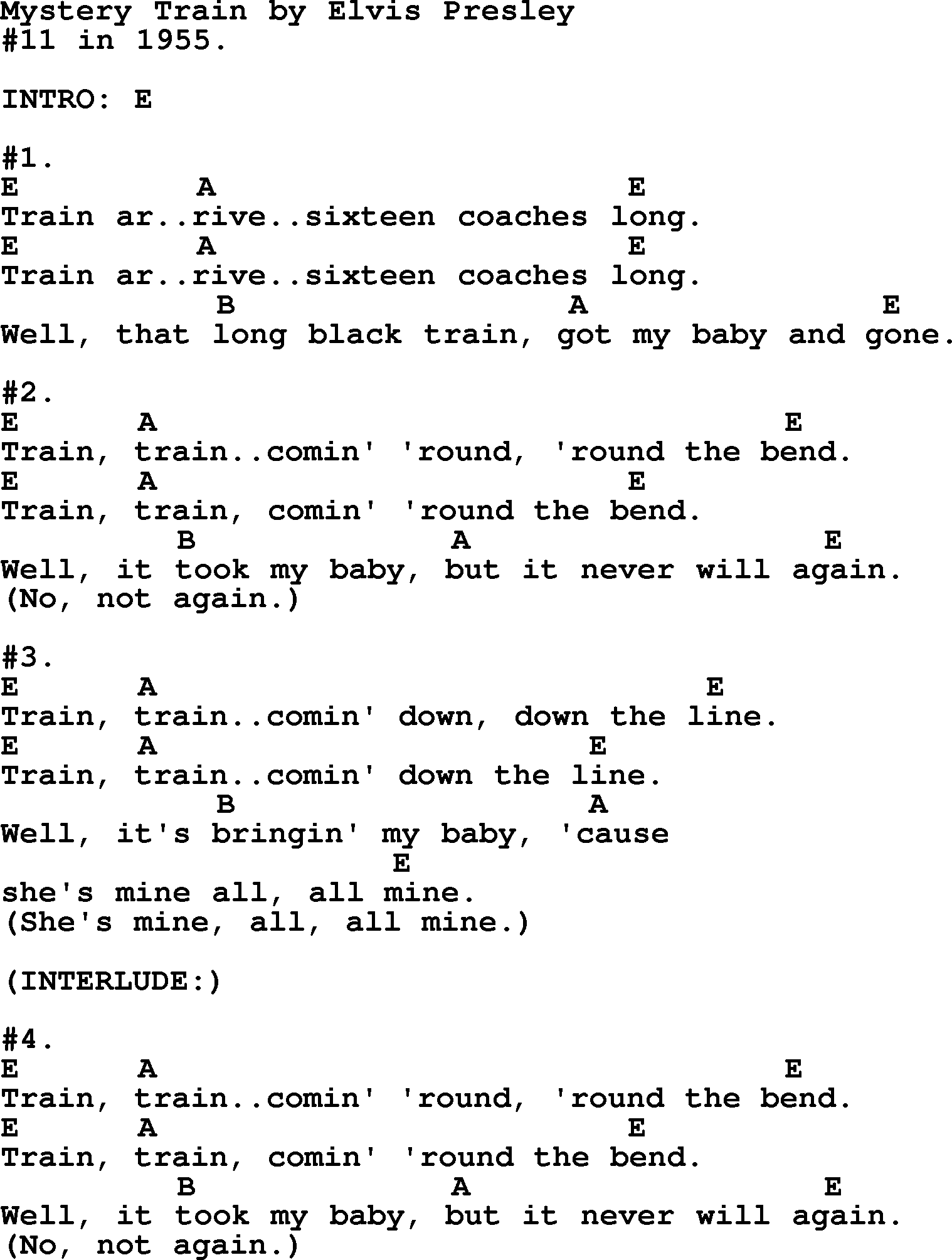 Elvis Presley song: Mystery Train, lyrics and chords