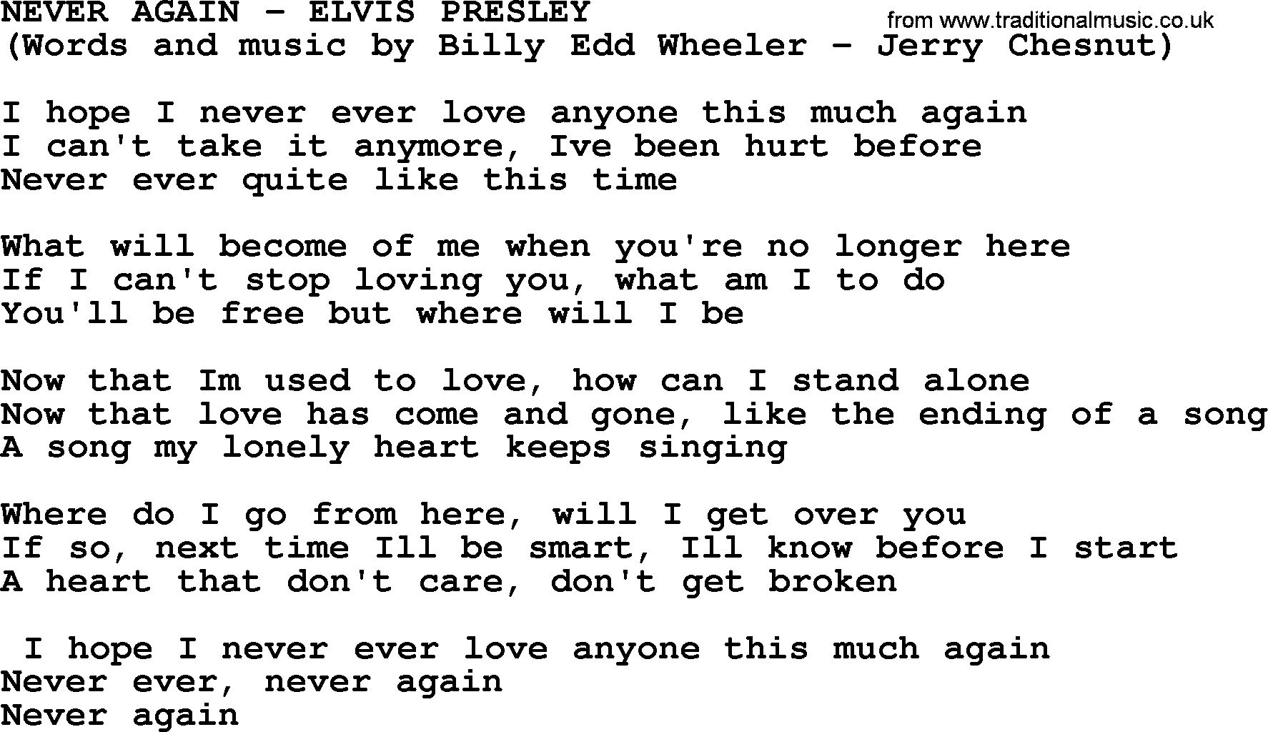 Elvis Presley song: Never Again lyrics