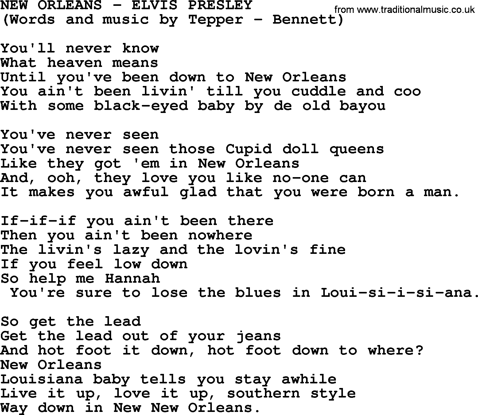 Elvis Presley song: New Orleans lyrics