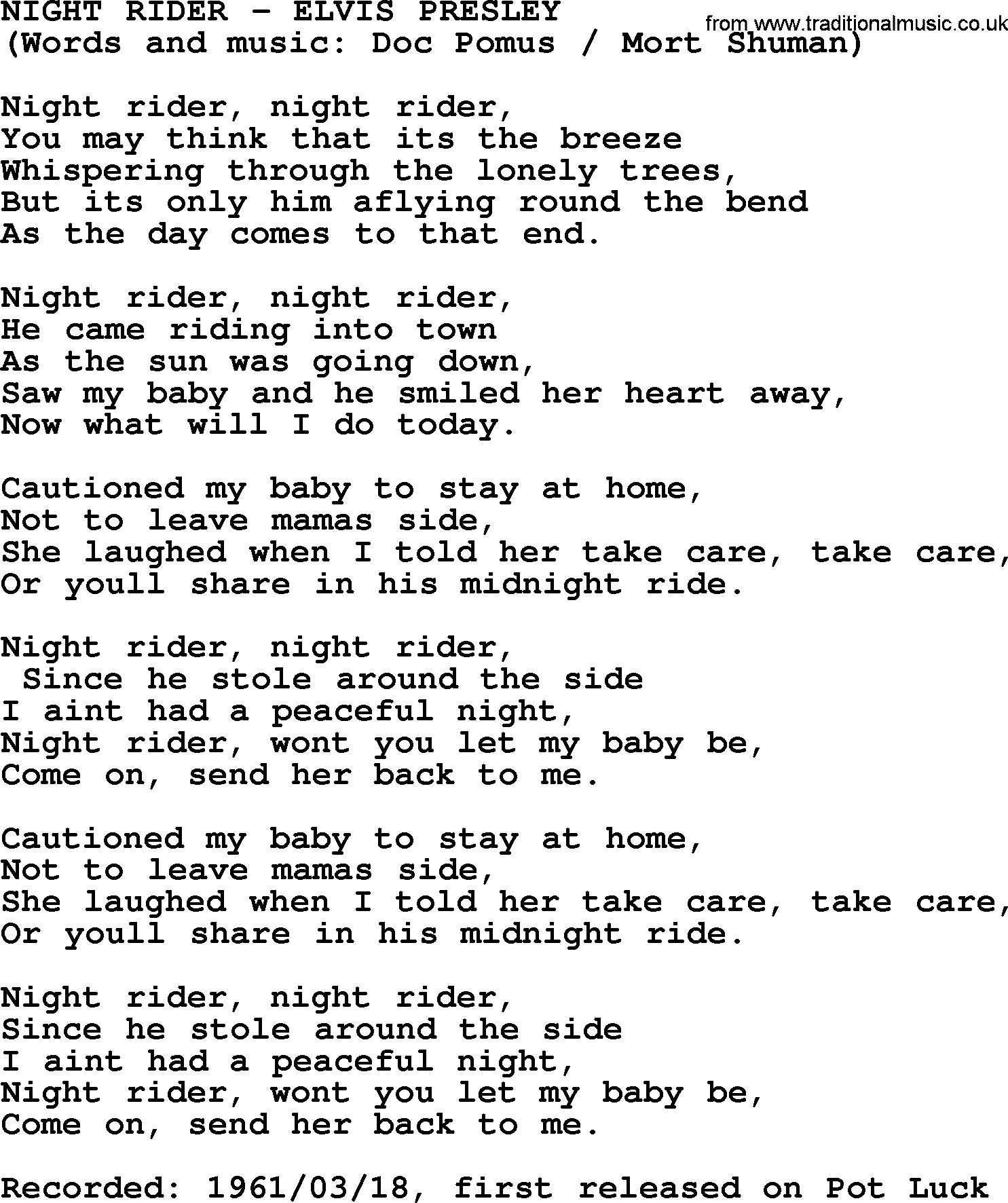 Elvis Presley song: Night Rider lyrics