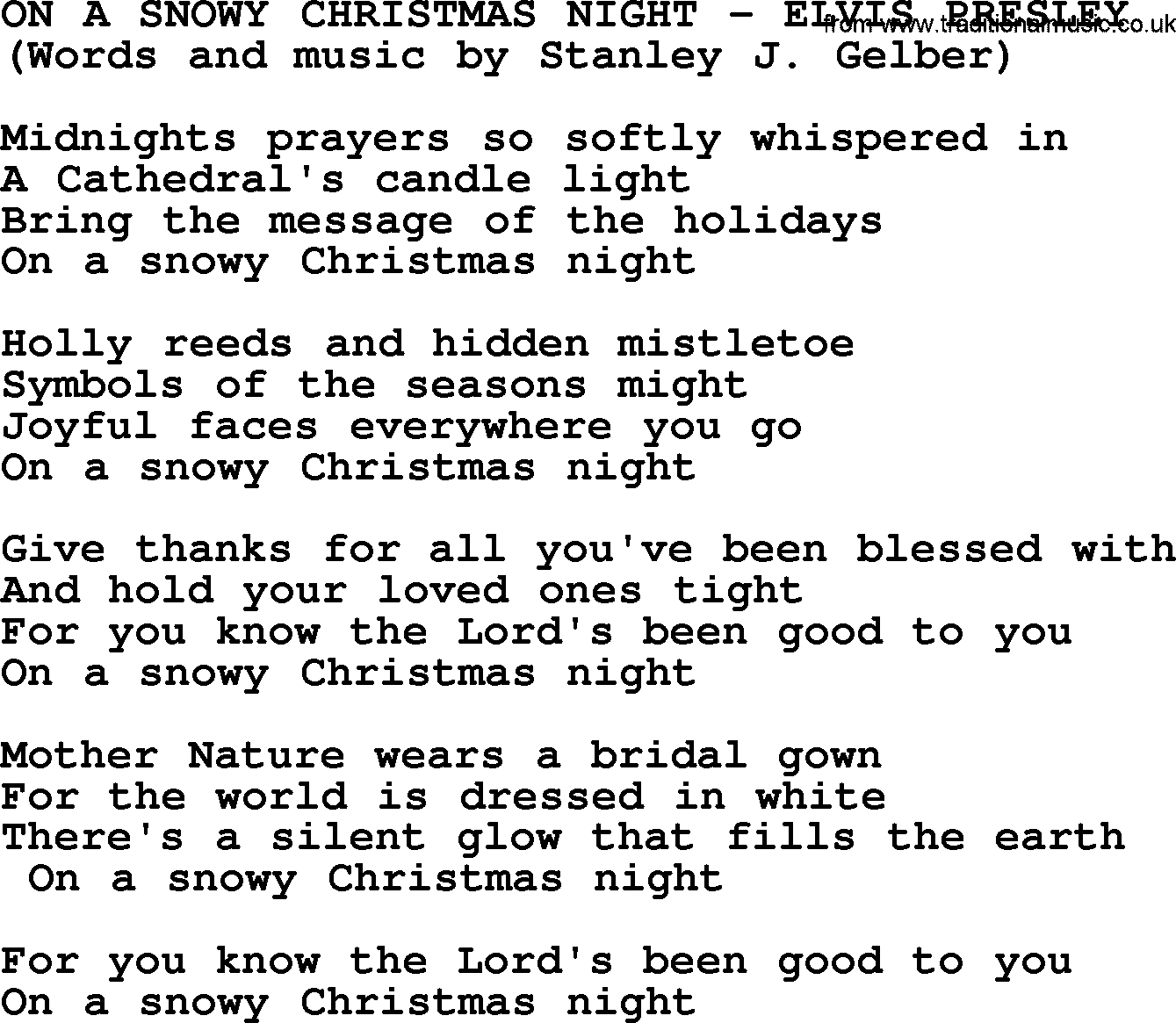 Elvis Presley song: On A Snowy Christmas Night lyrics