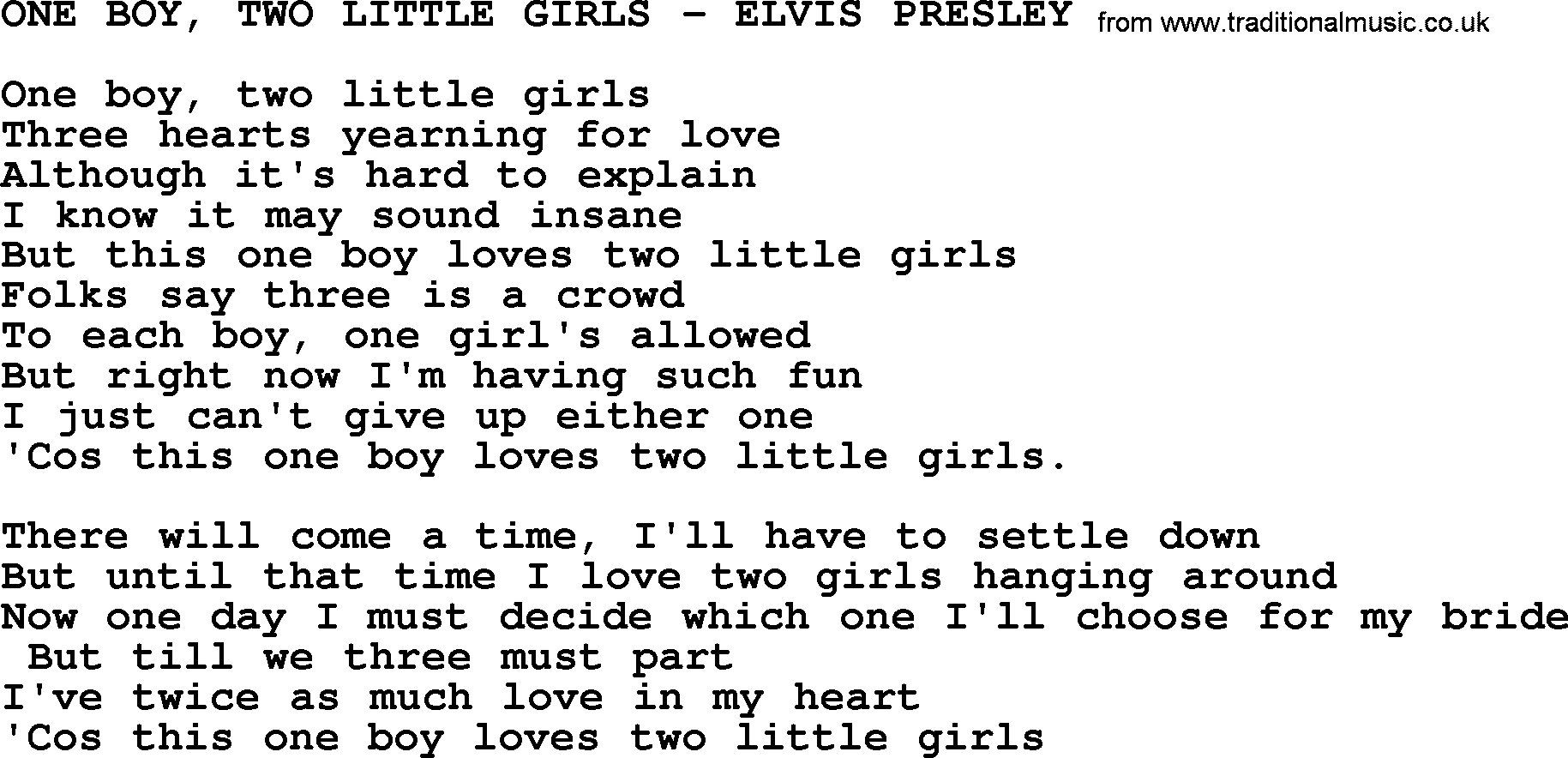 Elvis Presley song: One Boy, Two Little Girls-Elvis Presley-.txt lyrics and chords