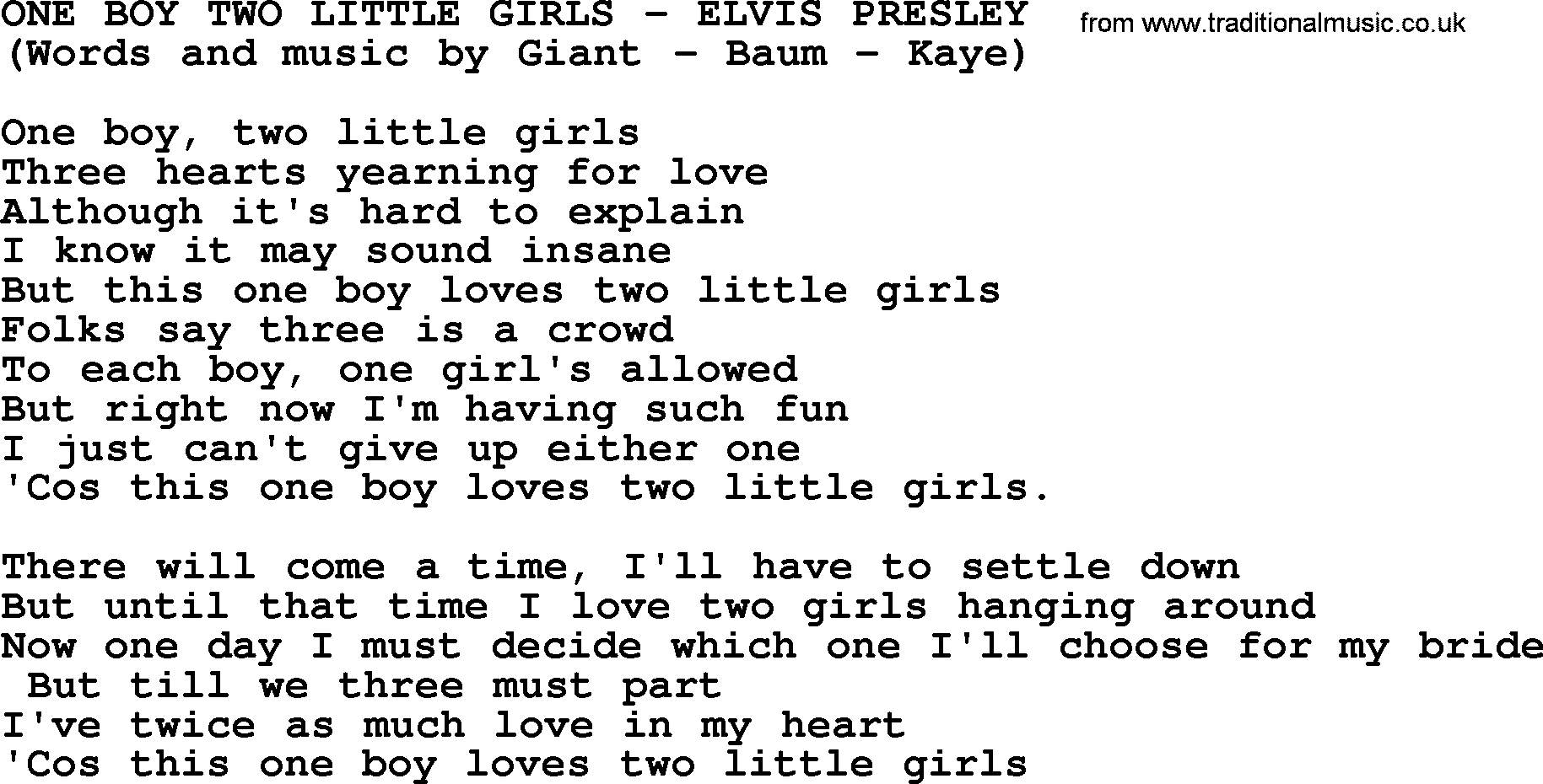 Elvis Presley song: One Boy Two Little Girls lyrics